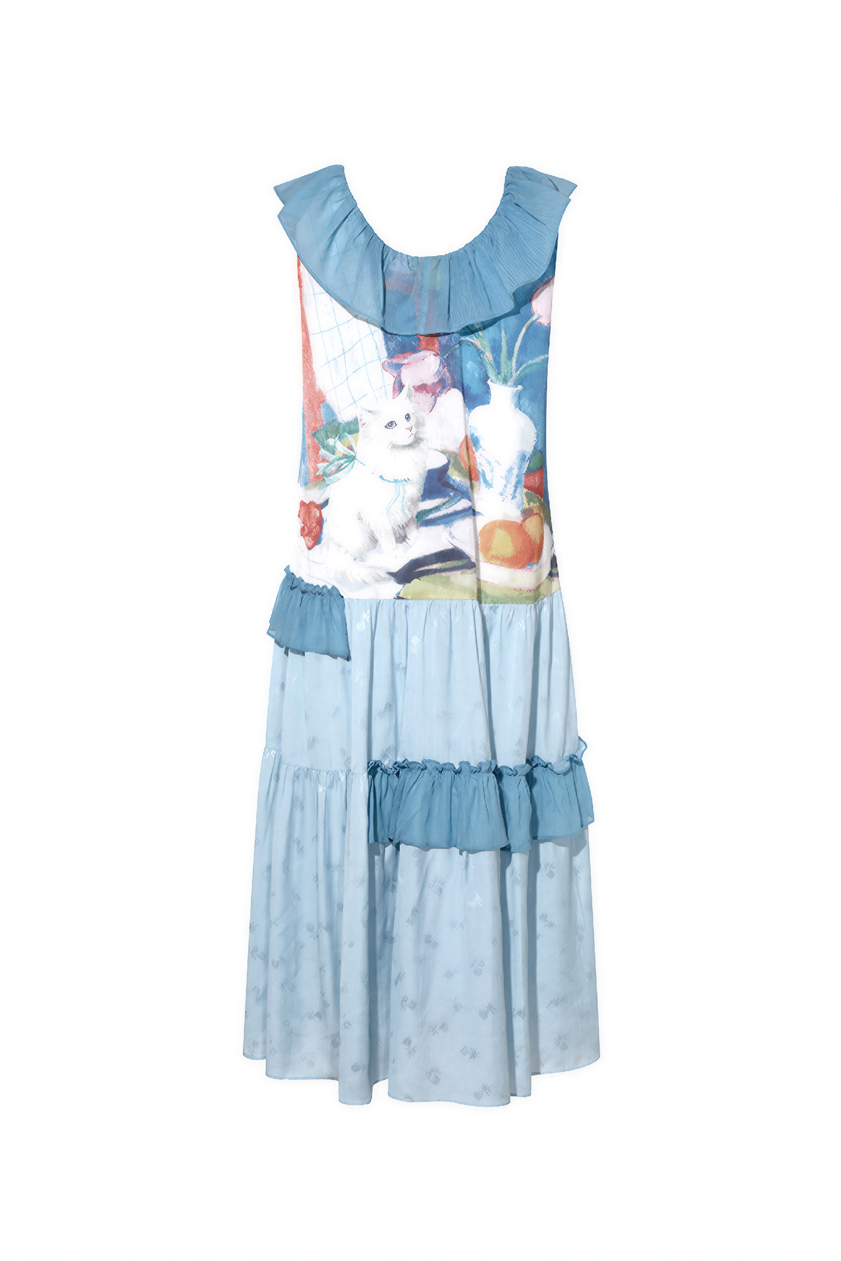 Sweet Ruffle-Trim Printed Sleeveless Dress-LYONSENS