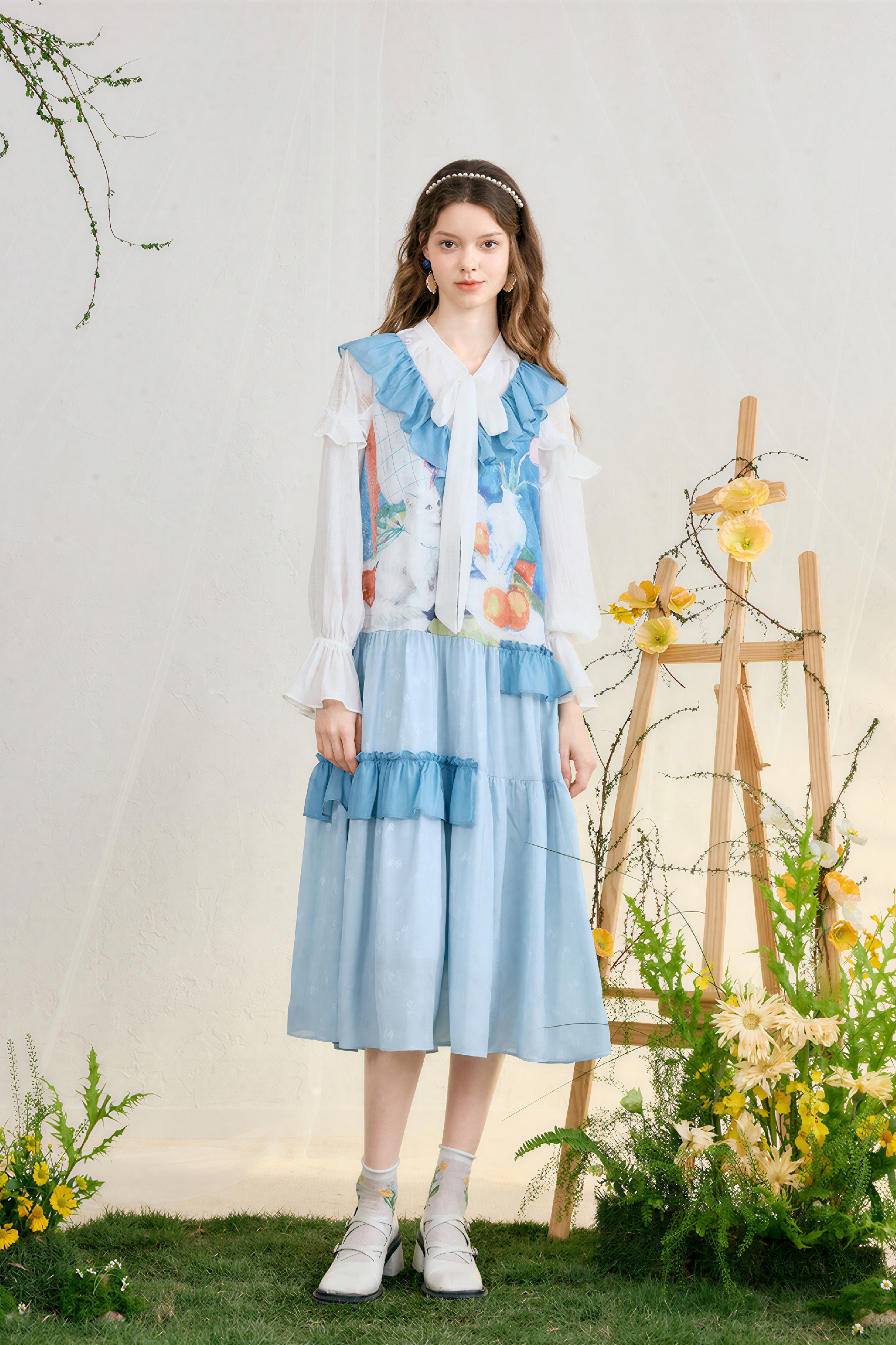 Sweet Ruffle-Trim Printed Sleeveless Dress-LYONSENS