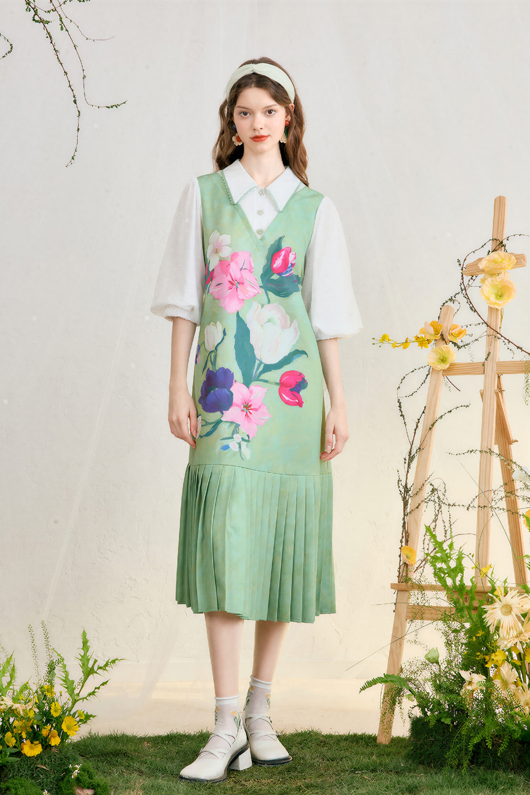 Faux Layered Oil Painting Print Asymmetrical Shirt Dress-LYONSENS