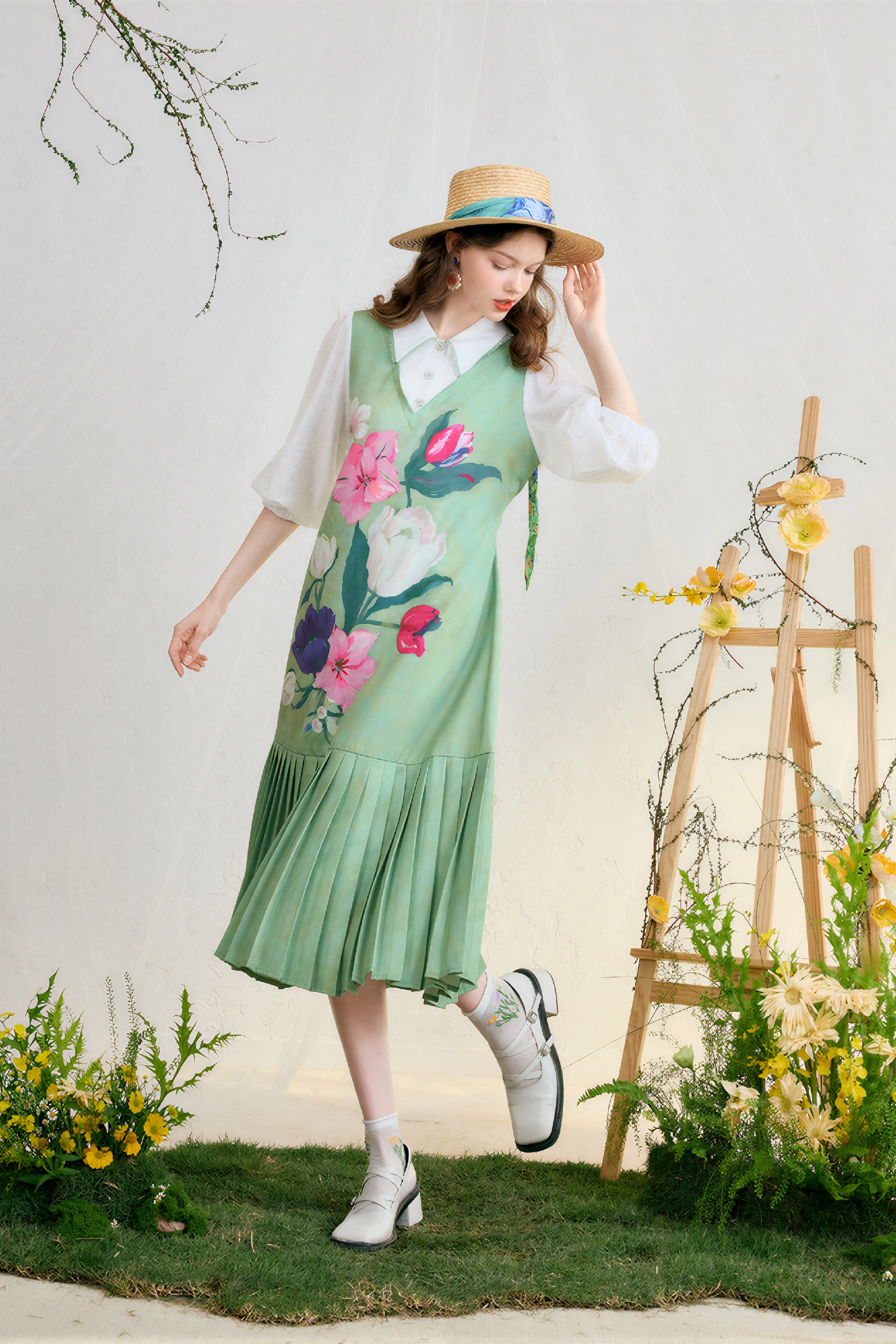 Faux Layered Oil Painting Print Asymmetrical Shirt Dress-LYONSENS