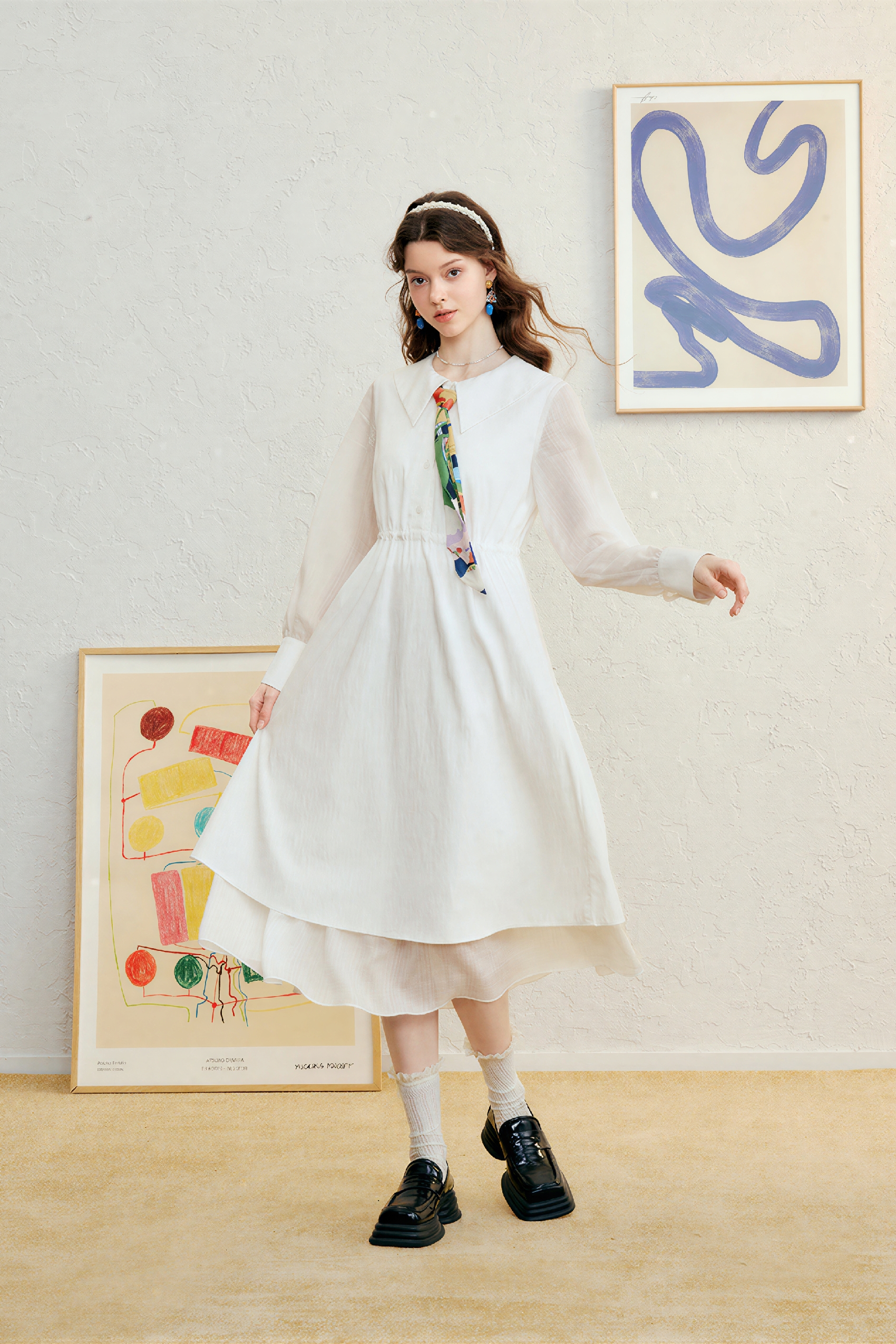 White Polo Collar French Long-Sleeve Dress-LYONSENS