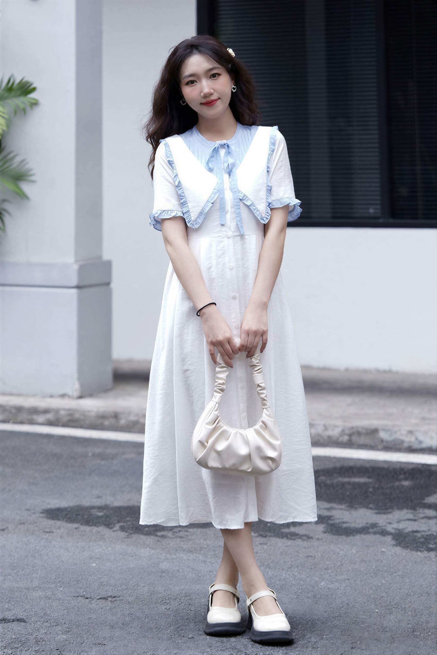 Color-Block Tie-Detail Sailor Collar Dress-LYONSENS