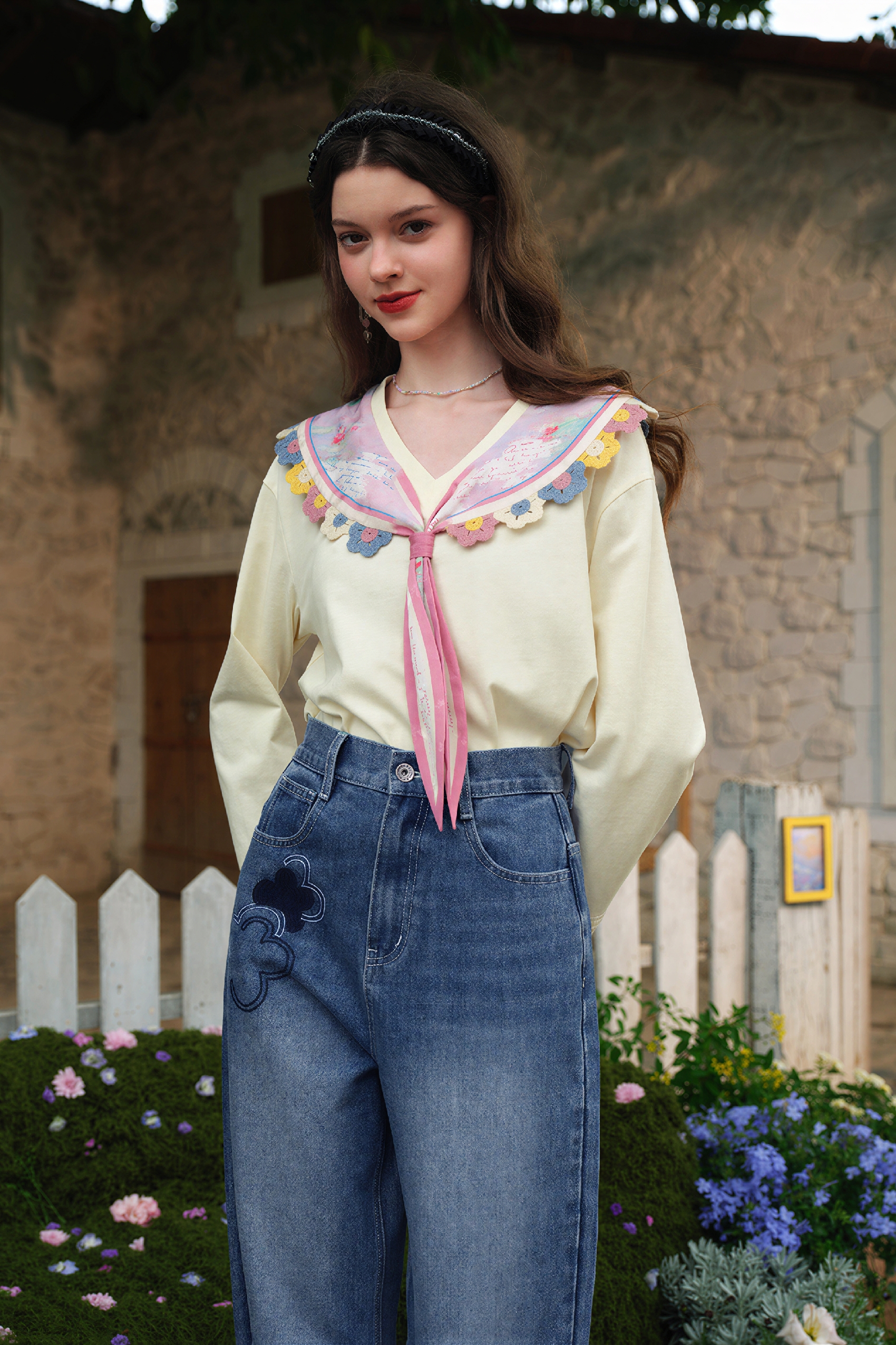 Monet-Inspired Crochet Detail Collared T-Shirt