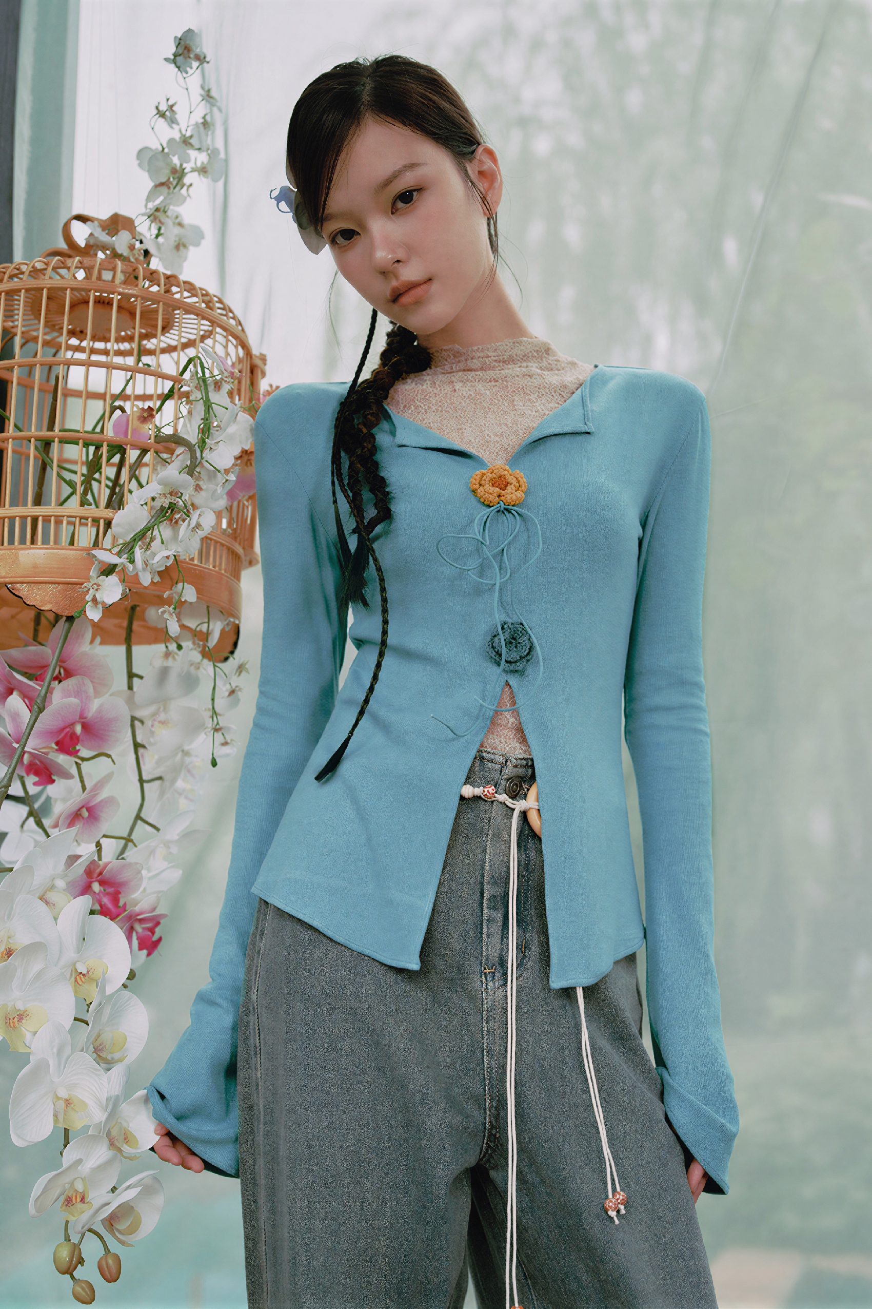 Modern Chinese-Inspired V-Neck Long-Sleeve Top