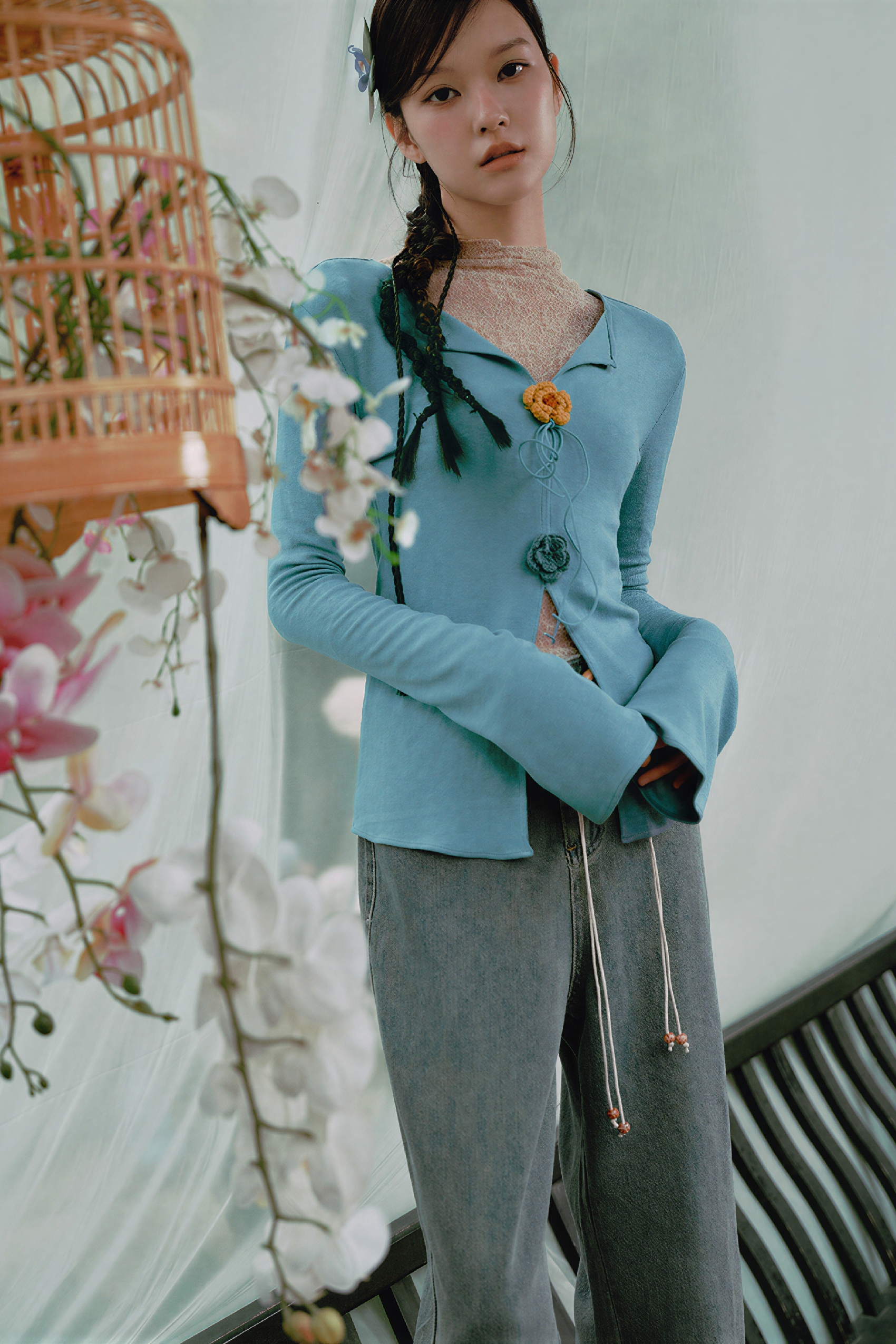 Modern Chinese-Inspired V-Neck Long-Sleeve Top