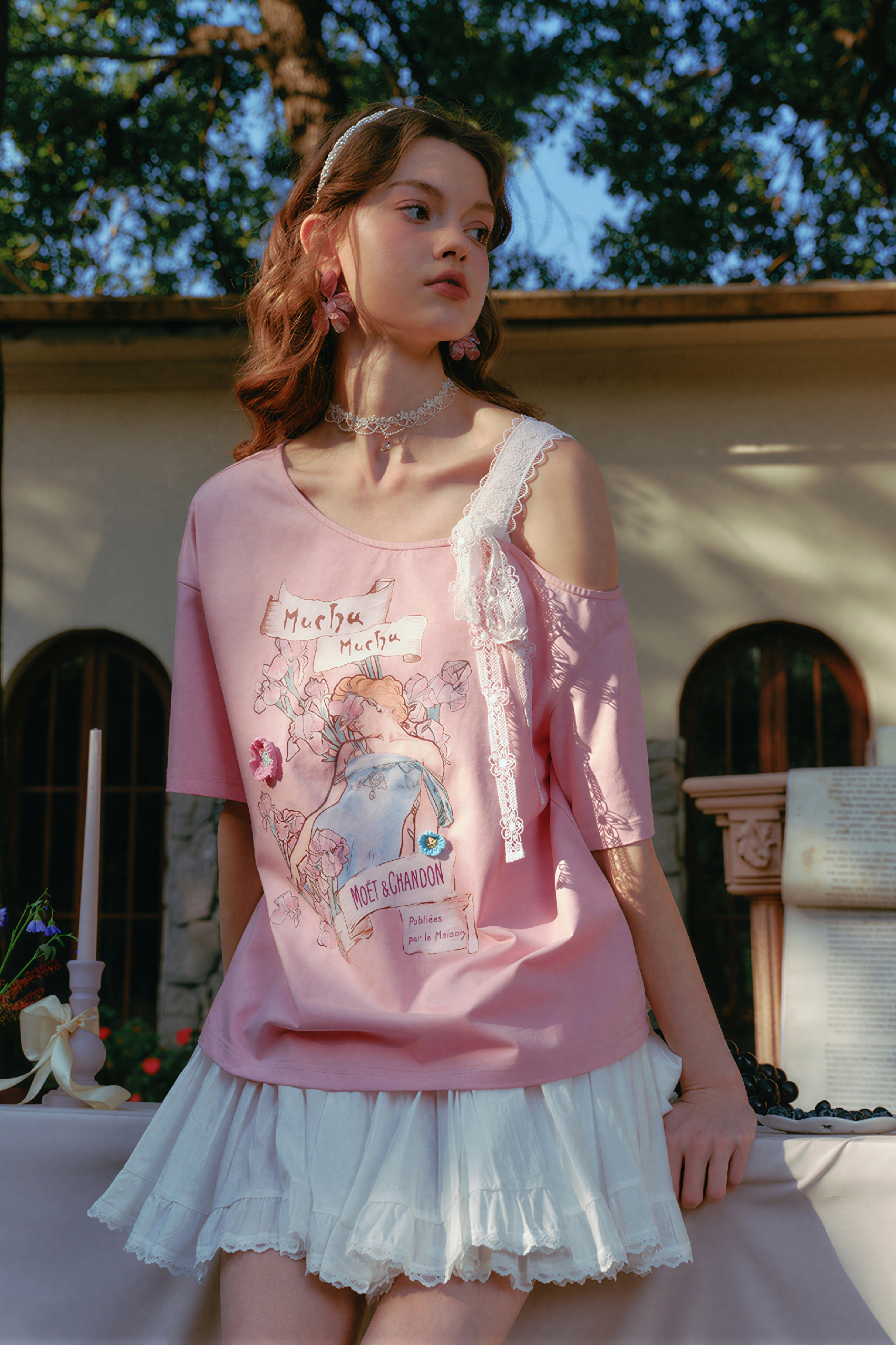 Asymmetric Tie-Detail Printed T-Shirt