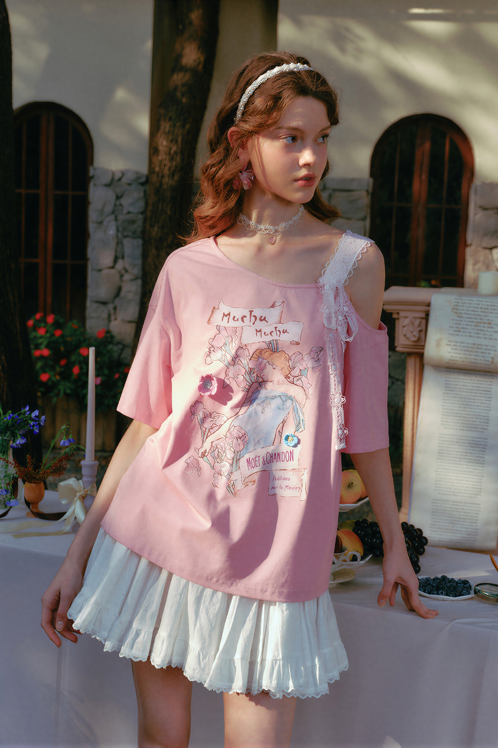 Asymmetric Tie-Detail Printed T-Shirt