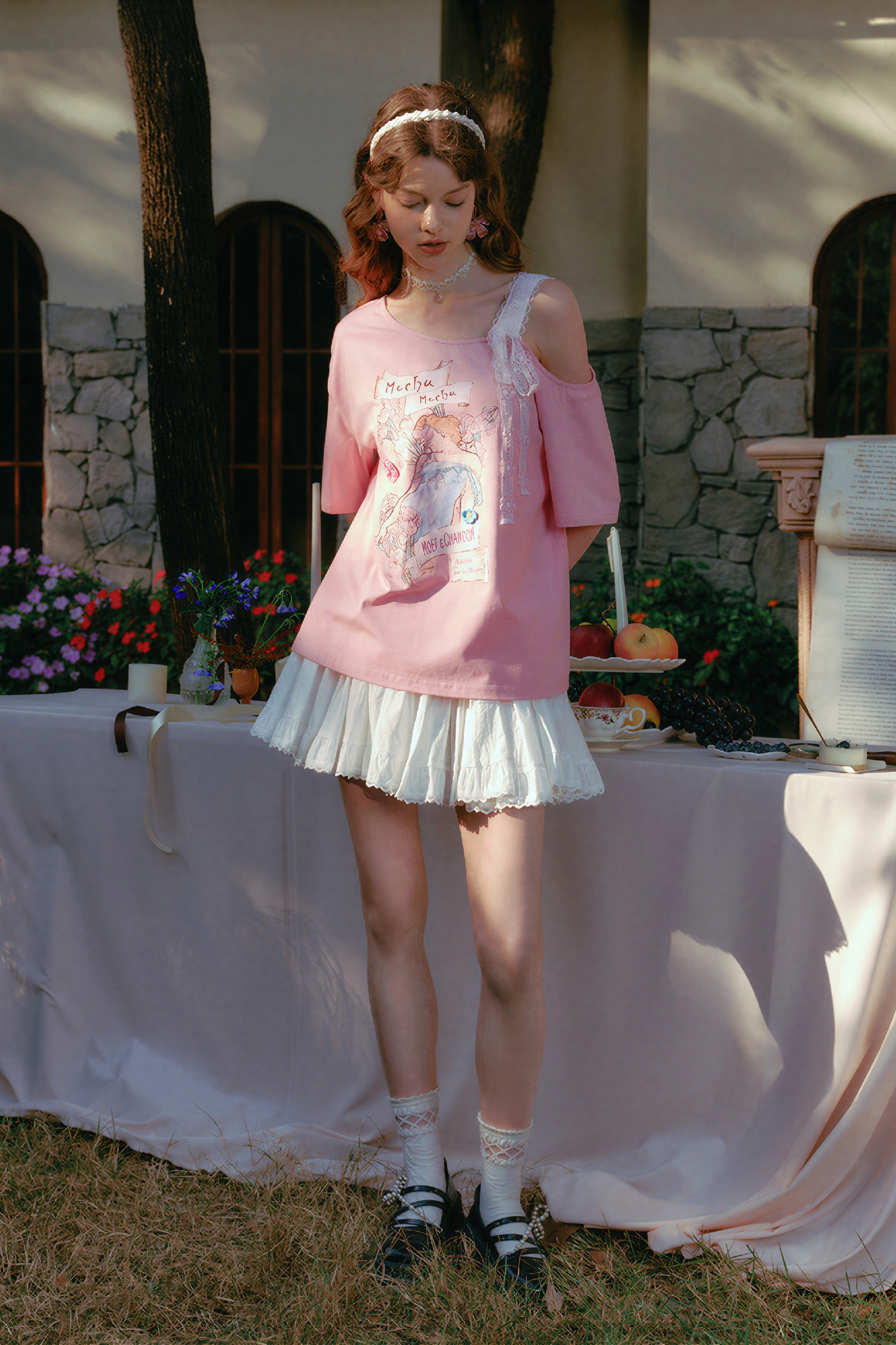 Asymmetric Tie-Detail Printed T-Shirt