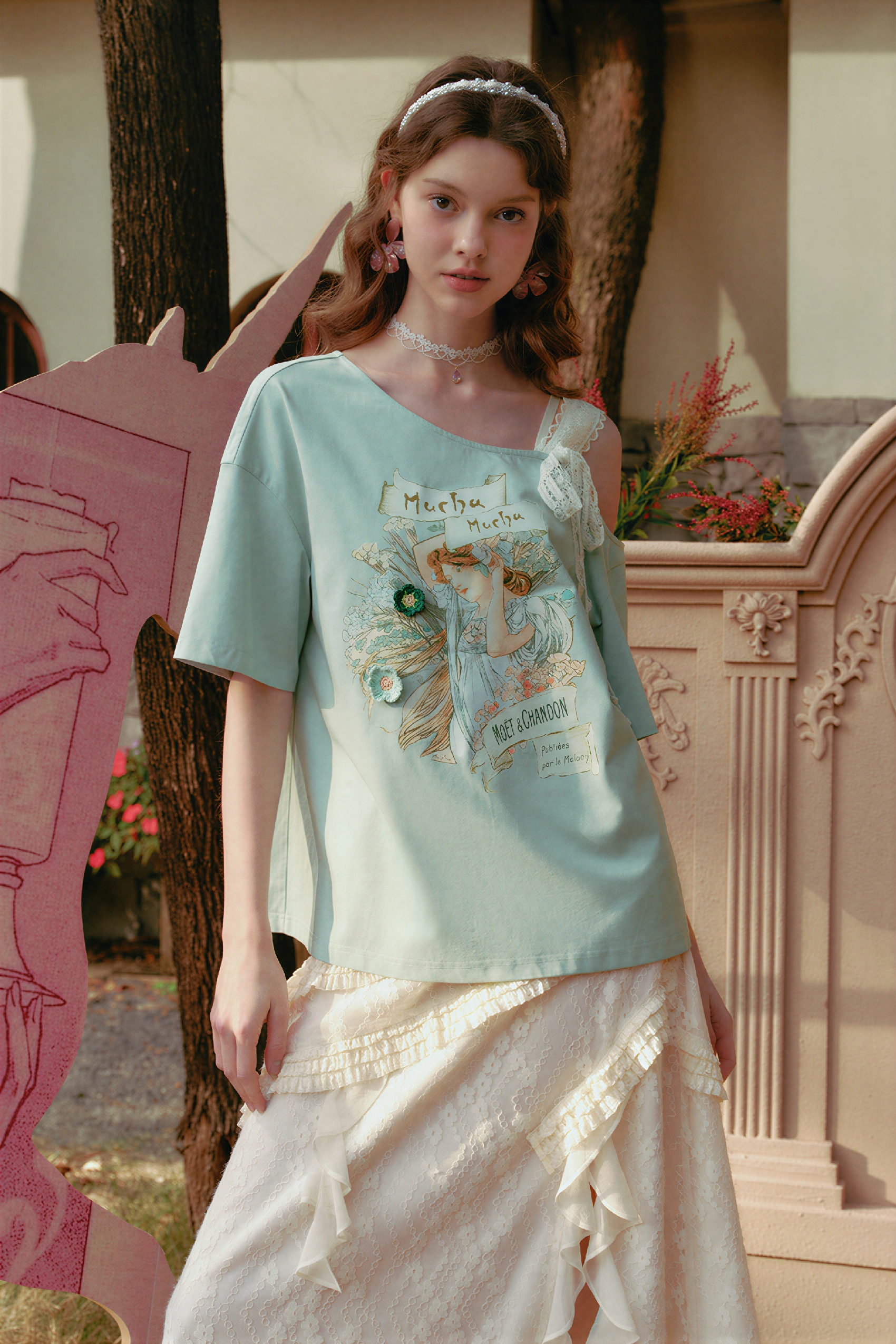 Asymmetric Tie-Detail Printed T-Shirt