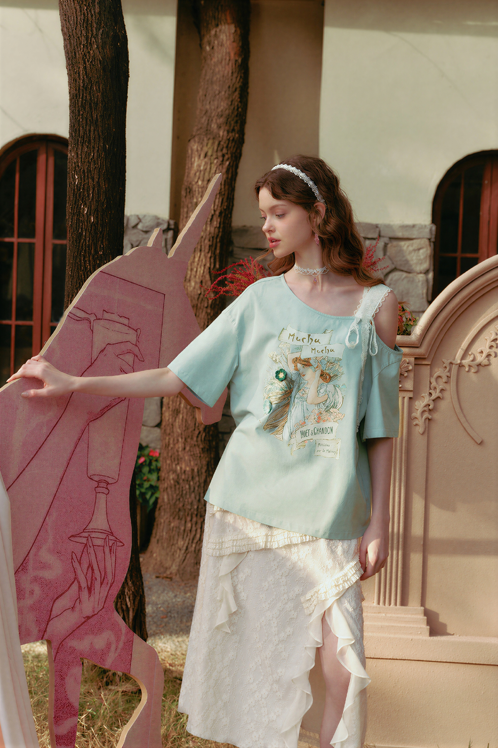 Asymmetric Tie-Detail Printed T-Shirt