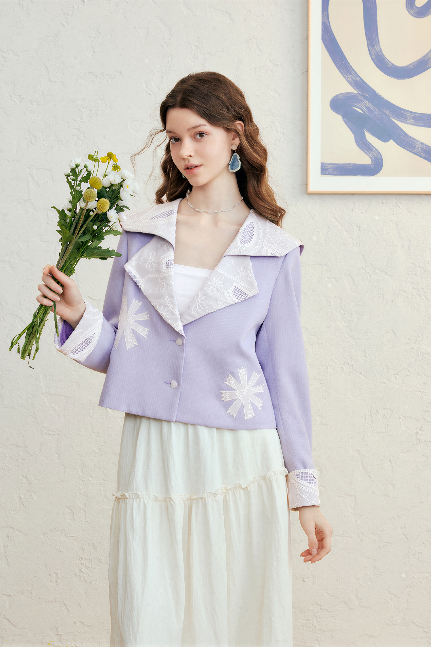 Purple Lace-Trim Cropped Blazer