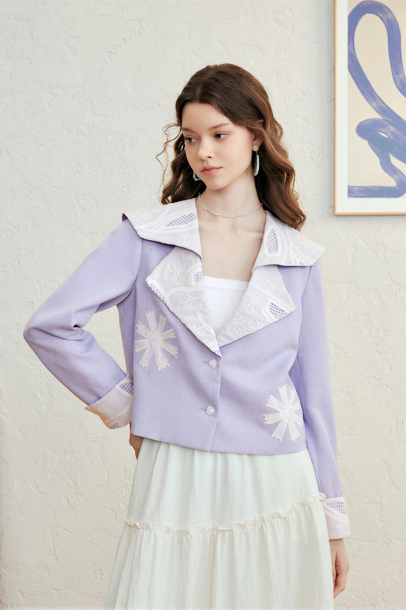 Purple Lace-Trim Cropped Blazer