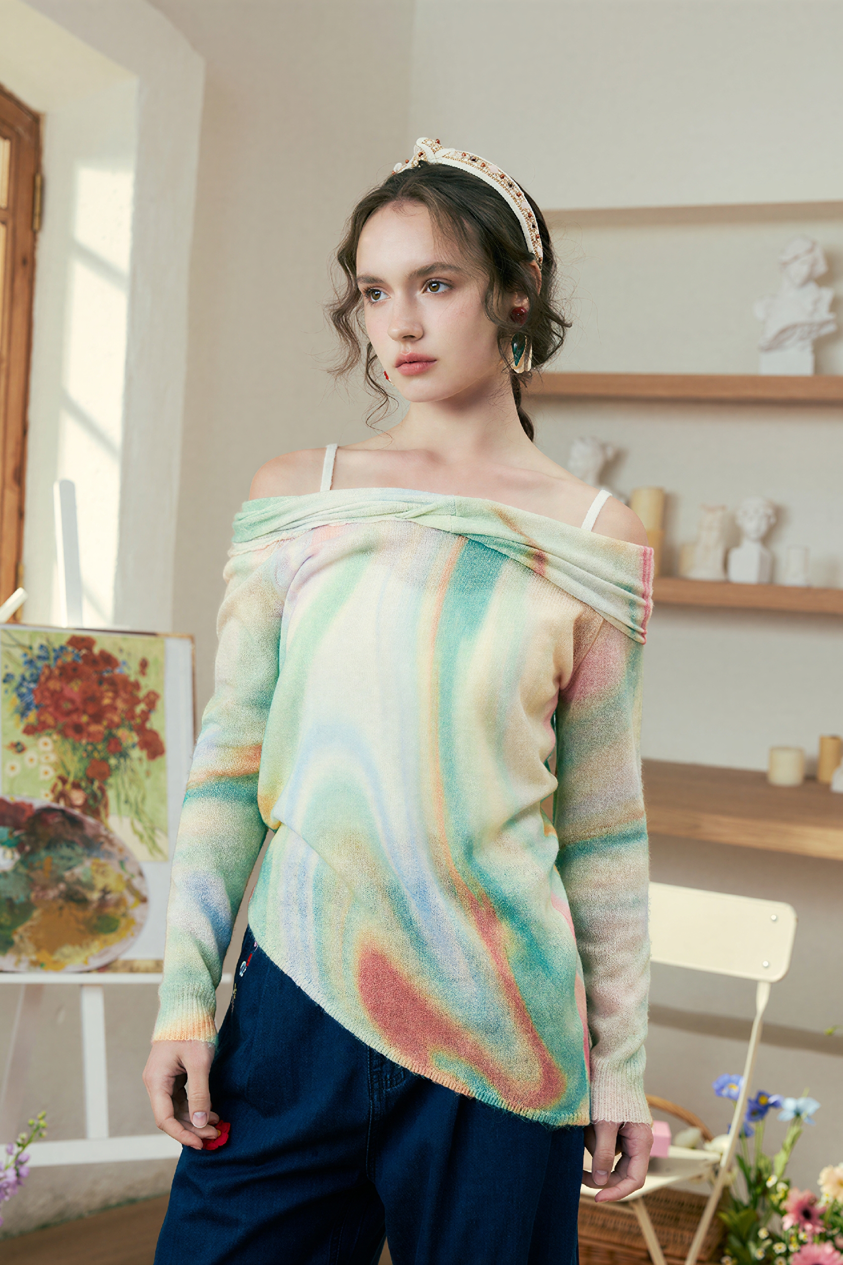 French Off-Shoulder Lightweight Knit Top