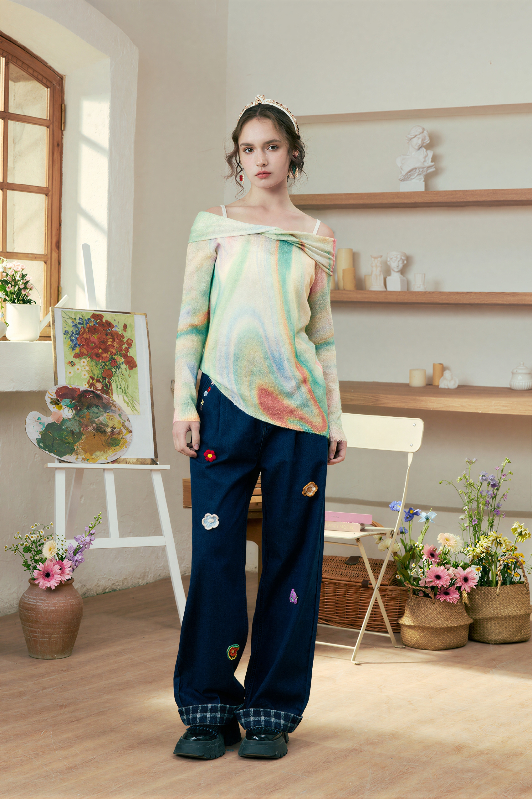 French Off-Shoulder Lightweight Knit Top