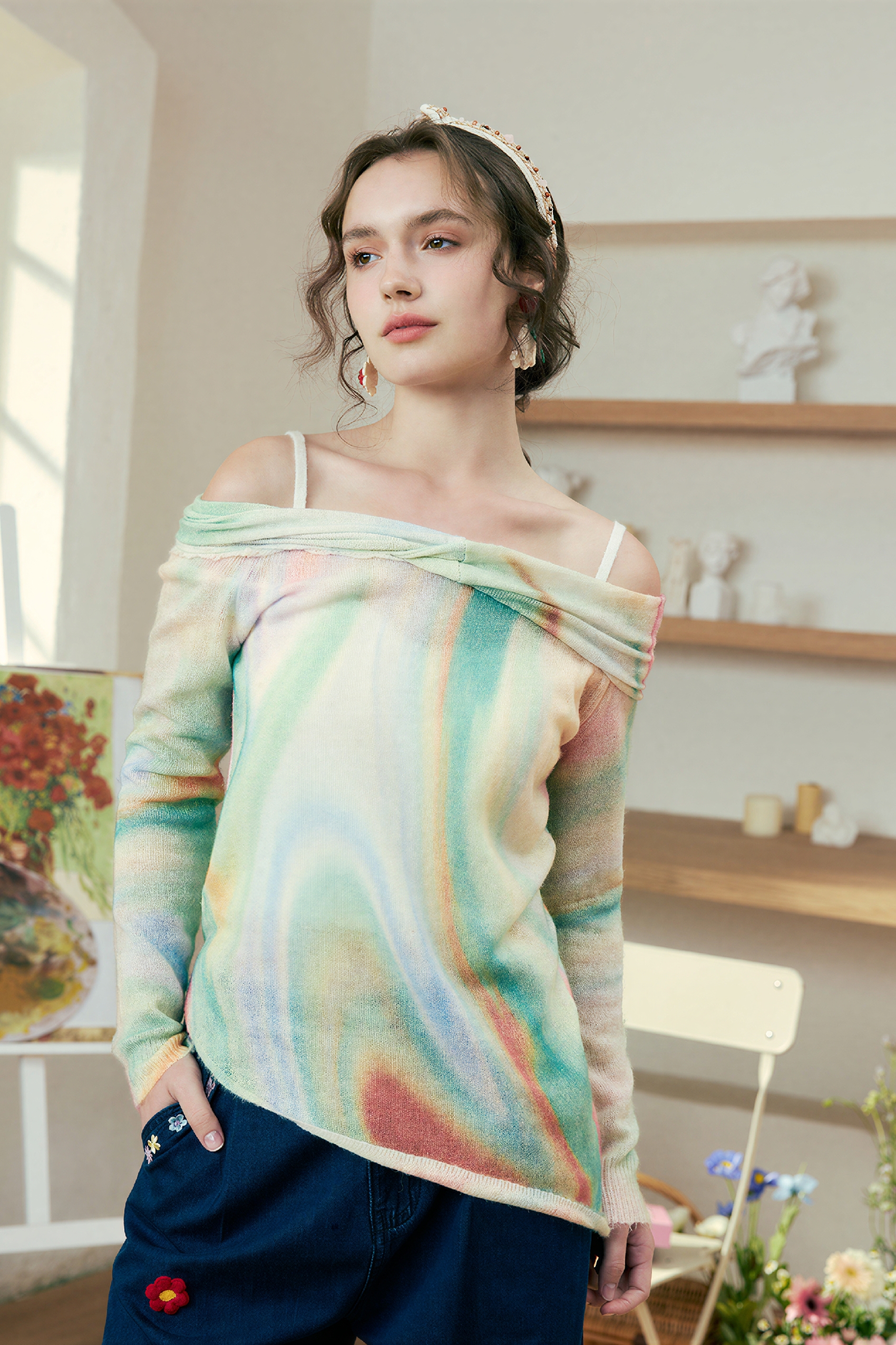 French Off-Shoulder Lightweight Knit Top