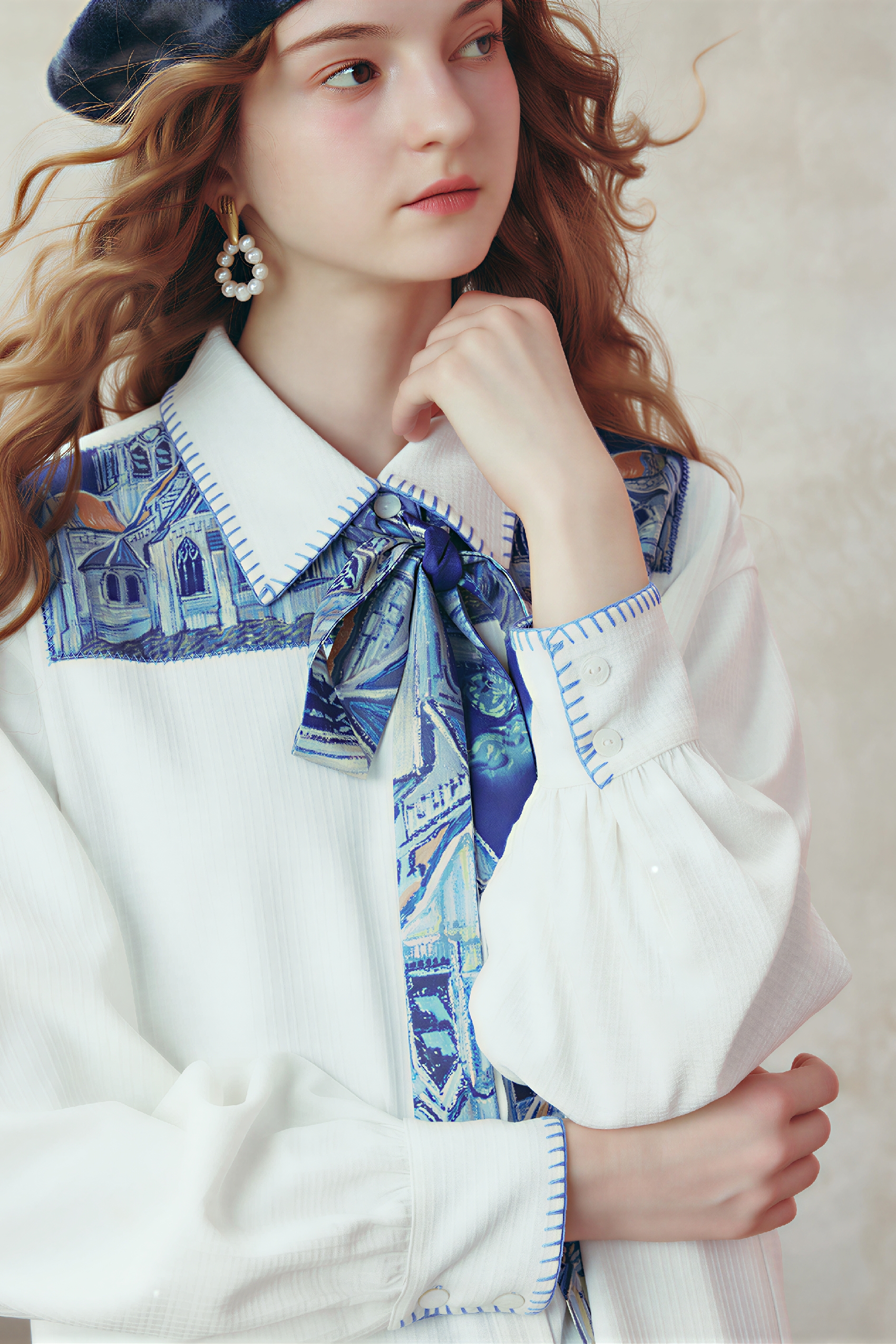 Van Gogh-Inspired White Long-Sleeve Shirt