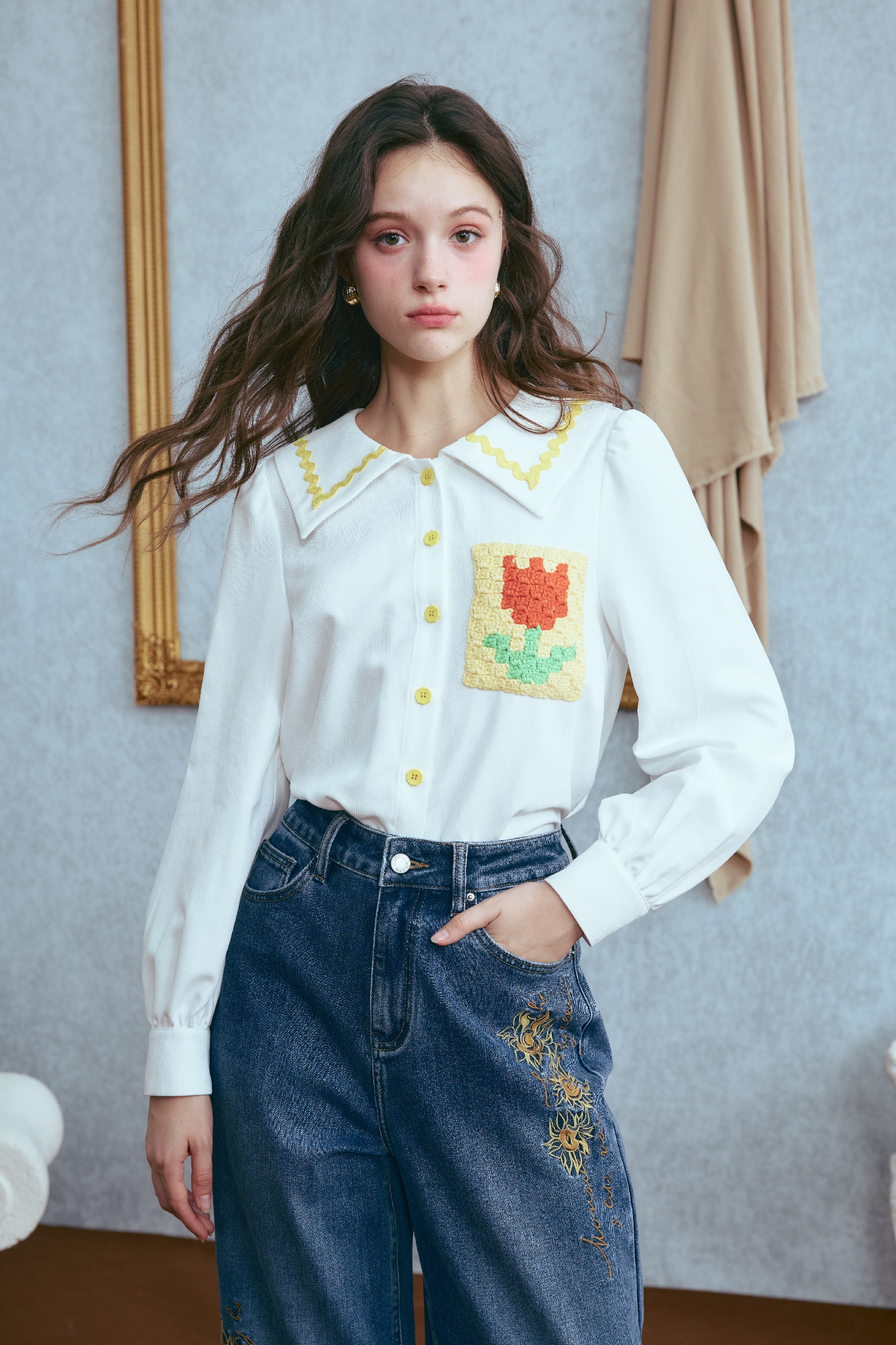 Winter color-blocked collared shirt