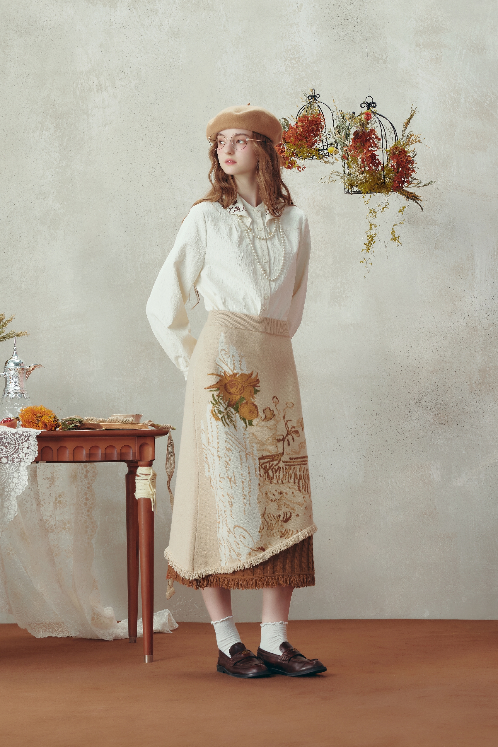 Van Gogh-Inspired High-Waist Knit Midi Skirt