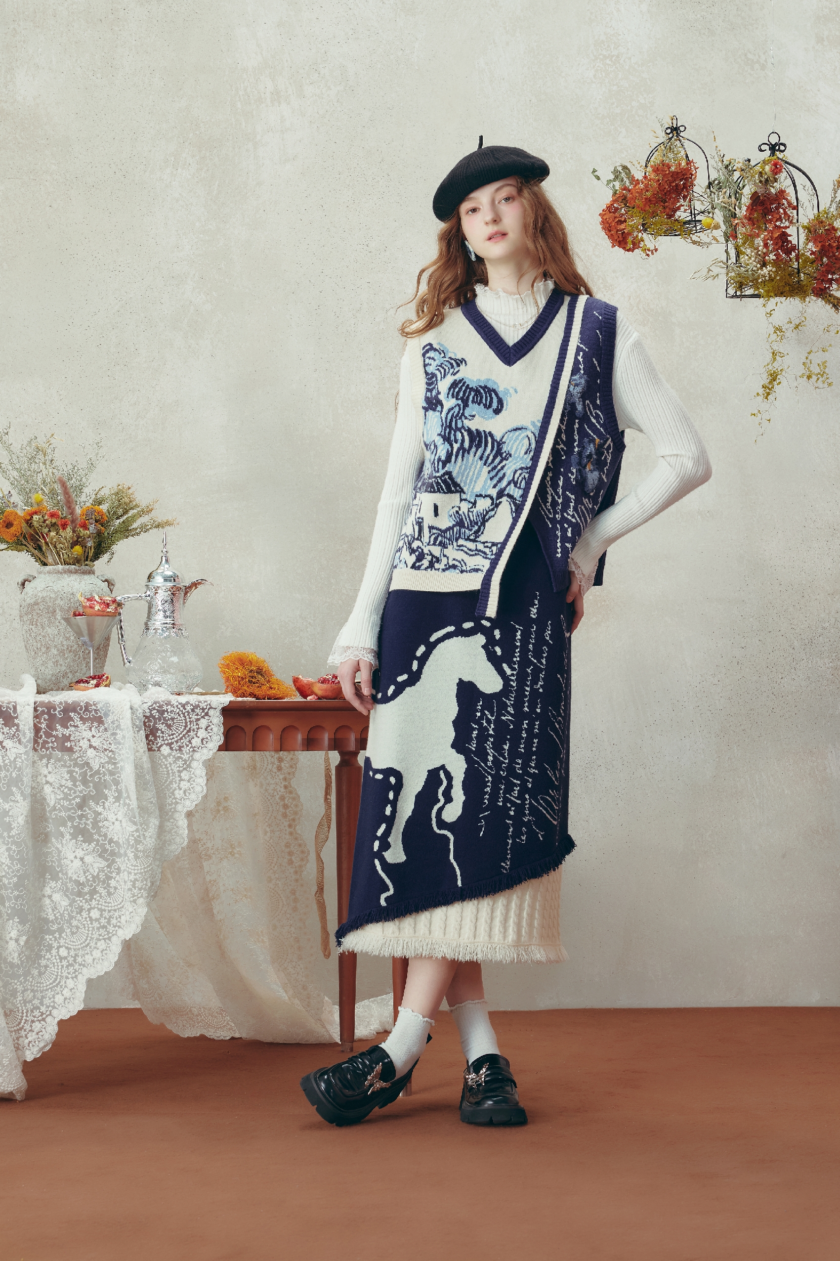 Van Gogh-Inspired High-Waist Knit Midi Skirt