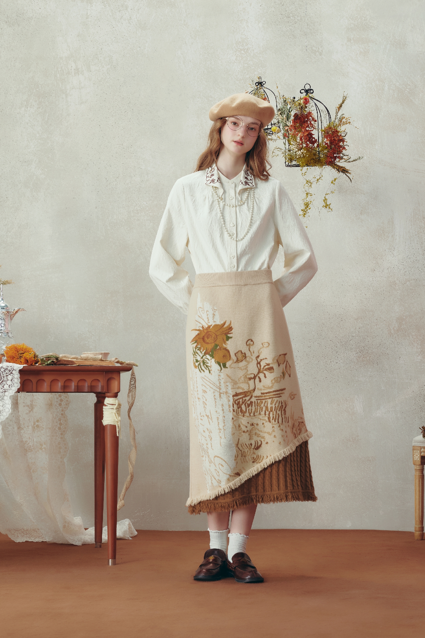 Van Gogh-Inspired High-Waist Knit Midi Skirt