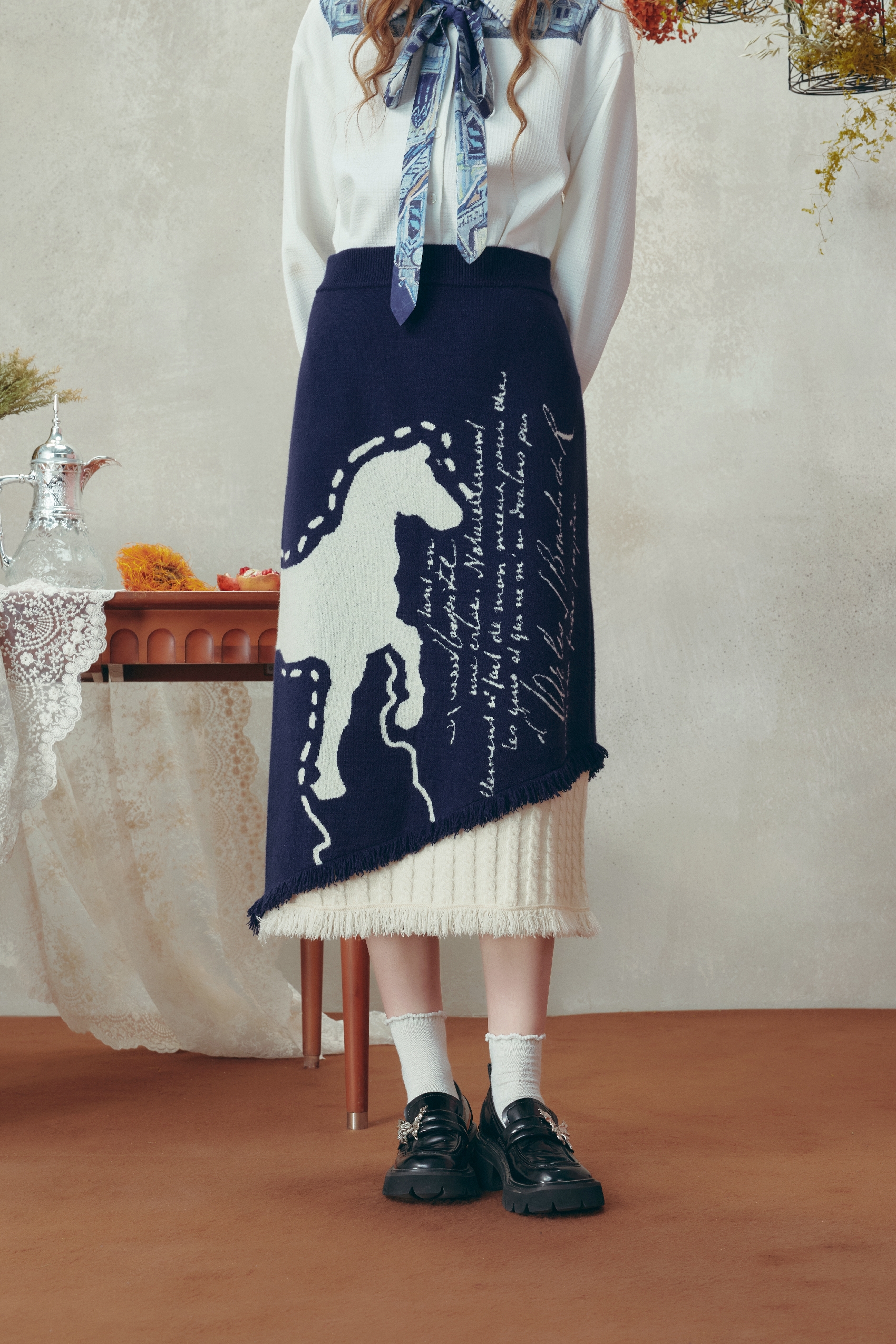 Van Gogh-Inspired High-Waist Knit Midi Skirt