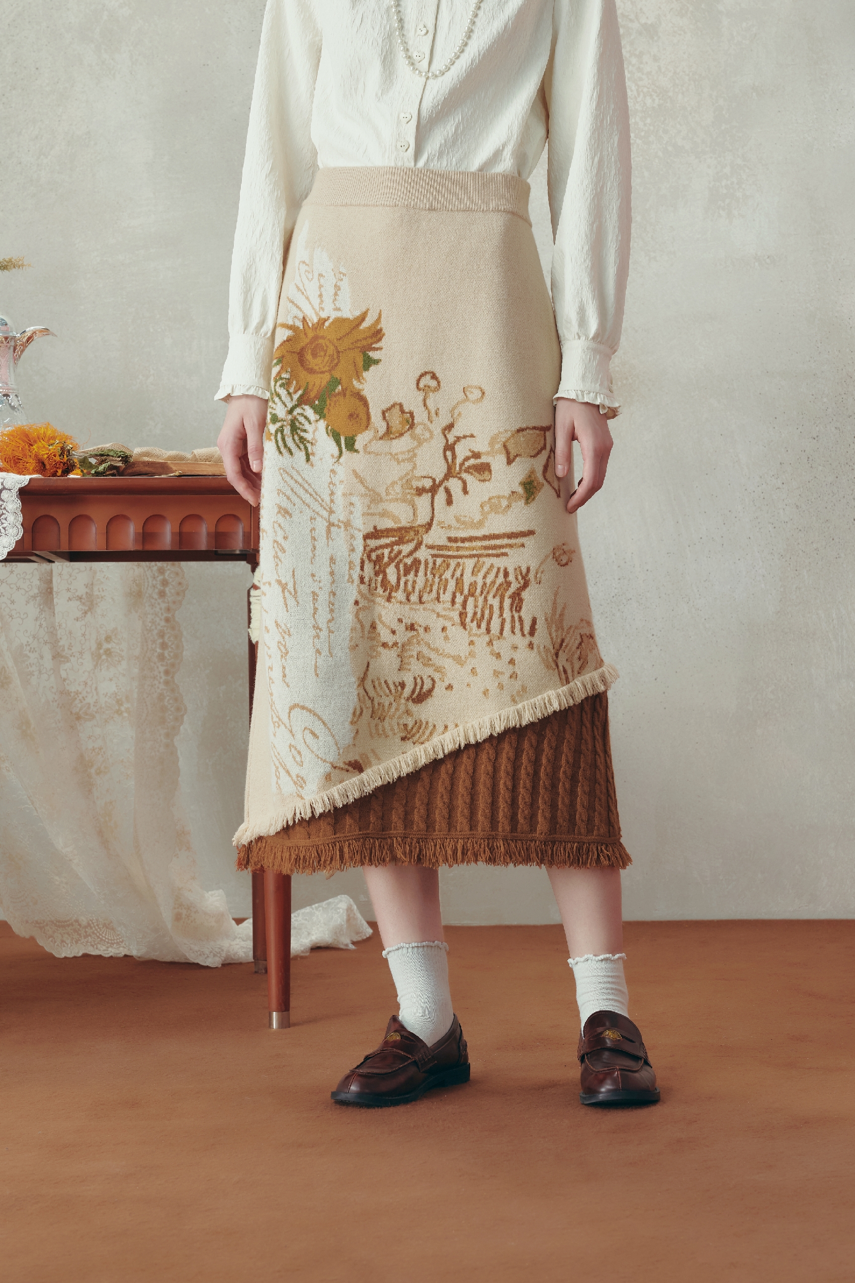Van Gogh-Inspired High-Waist Knit Midi Skirt