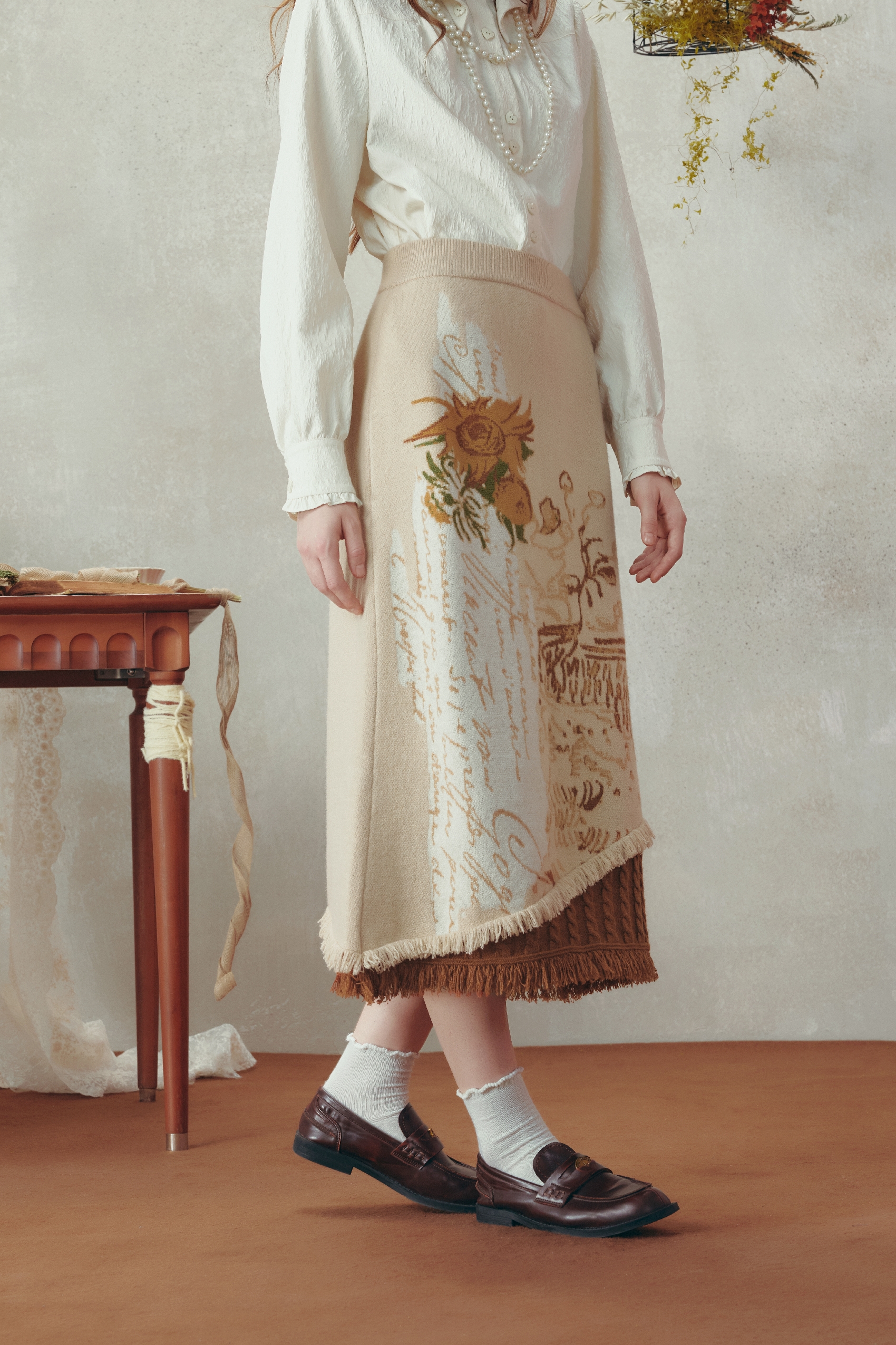 Van Gogh-Inspired High-Waist Knit Midi Skirt