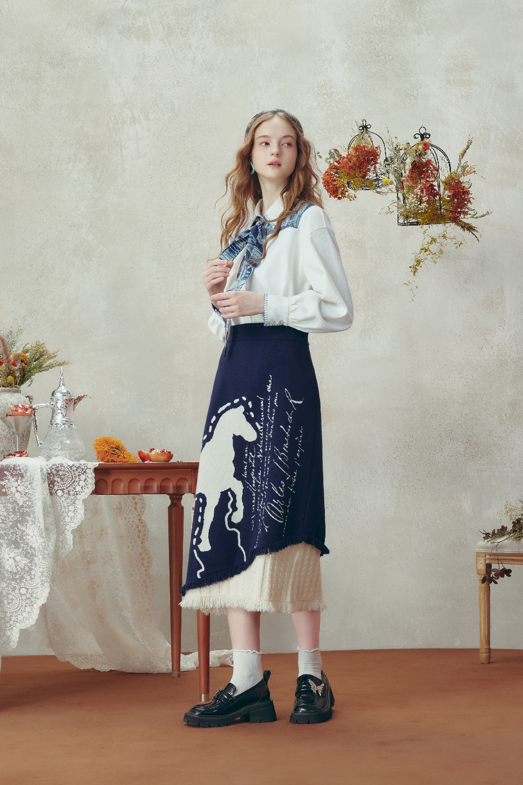Van Gogh-Inspired High-Waist Knit Midi Skirt