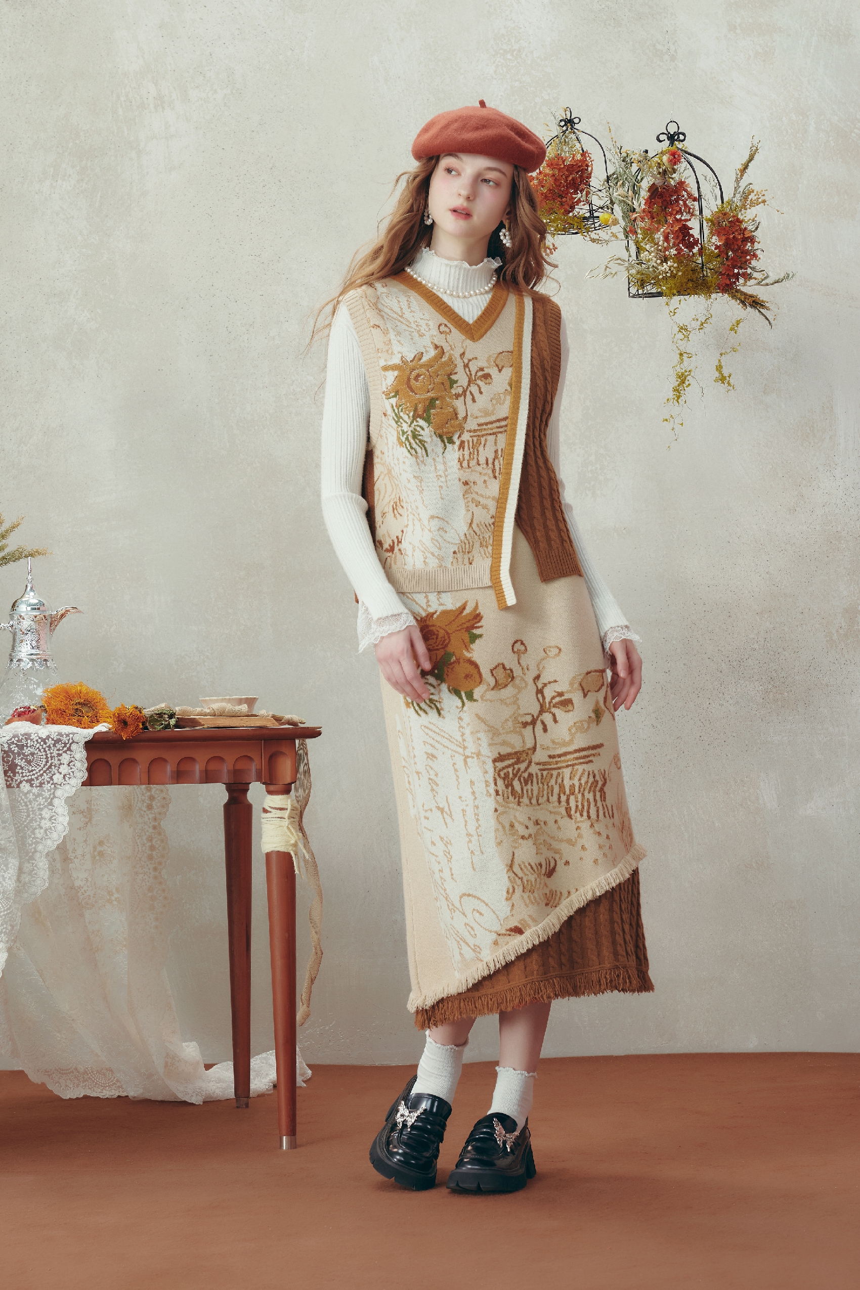 Van Gogh-Inspired High-Waist Knit Midi Skirt