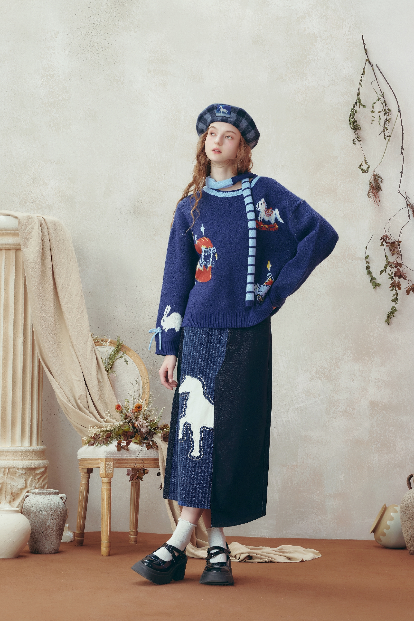 Van Gogh-Inspired A-Line Relaxed Denim Skirt-LYONSENS