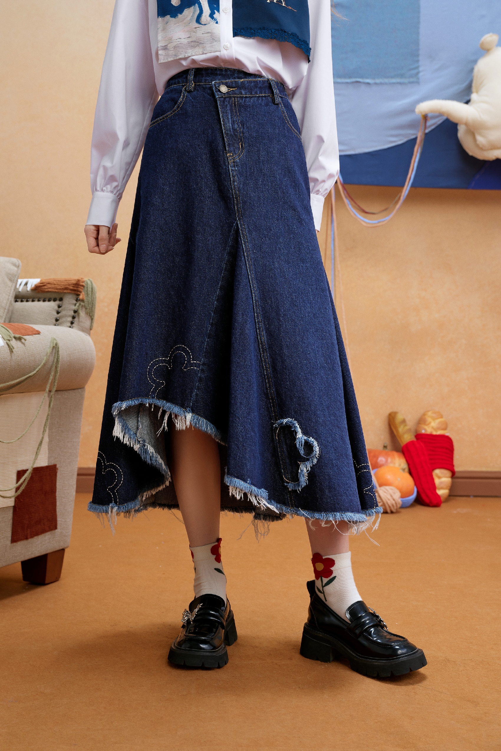 Asymmetric Patchwork Denim Skirt