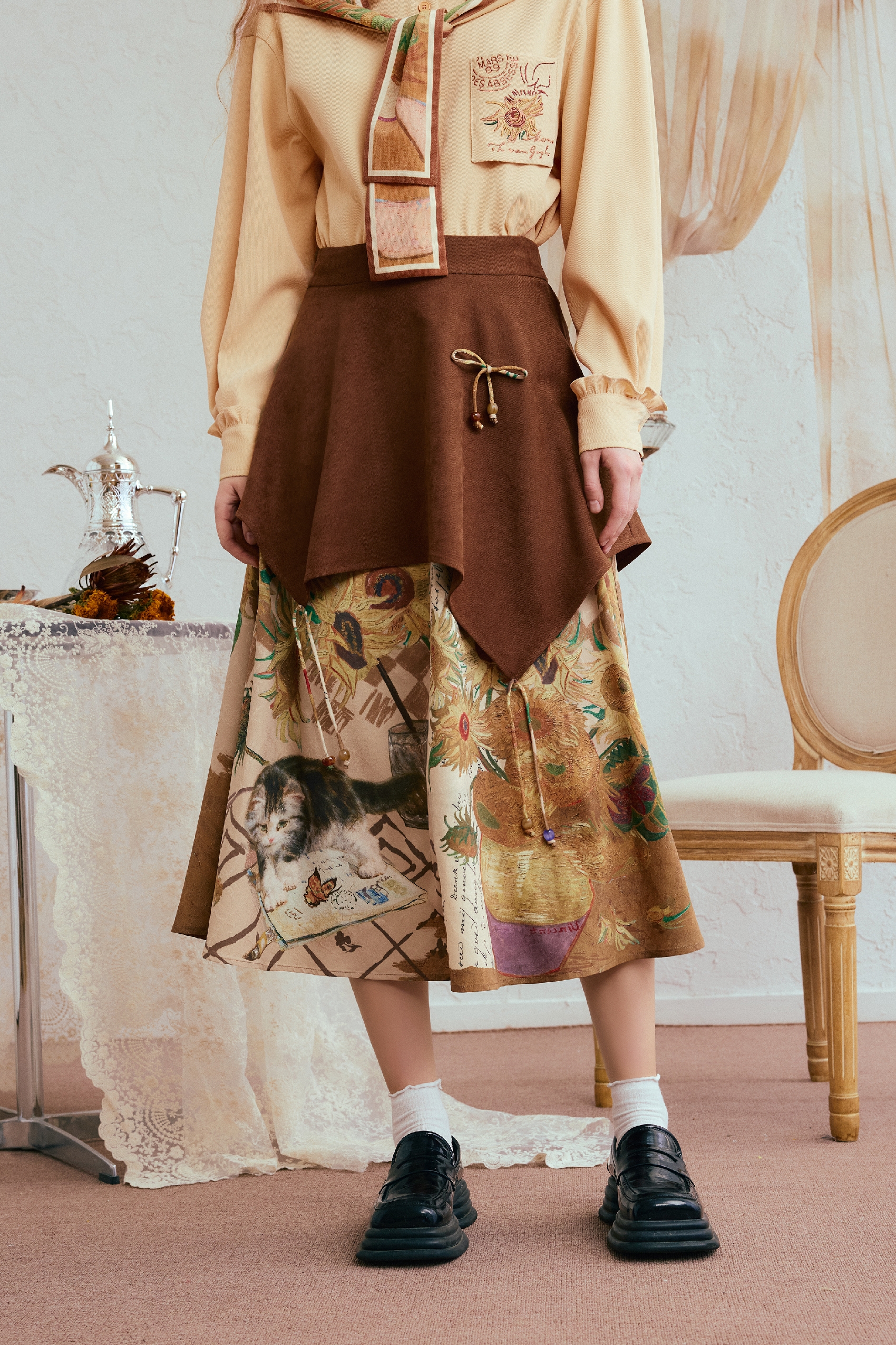 Van Gogh-Inspired Brown A-Line Skirt
