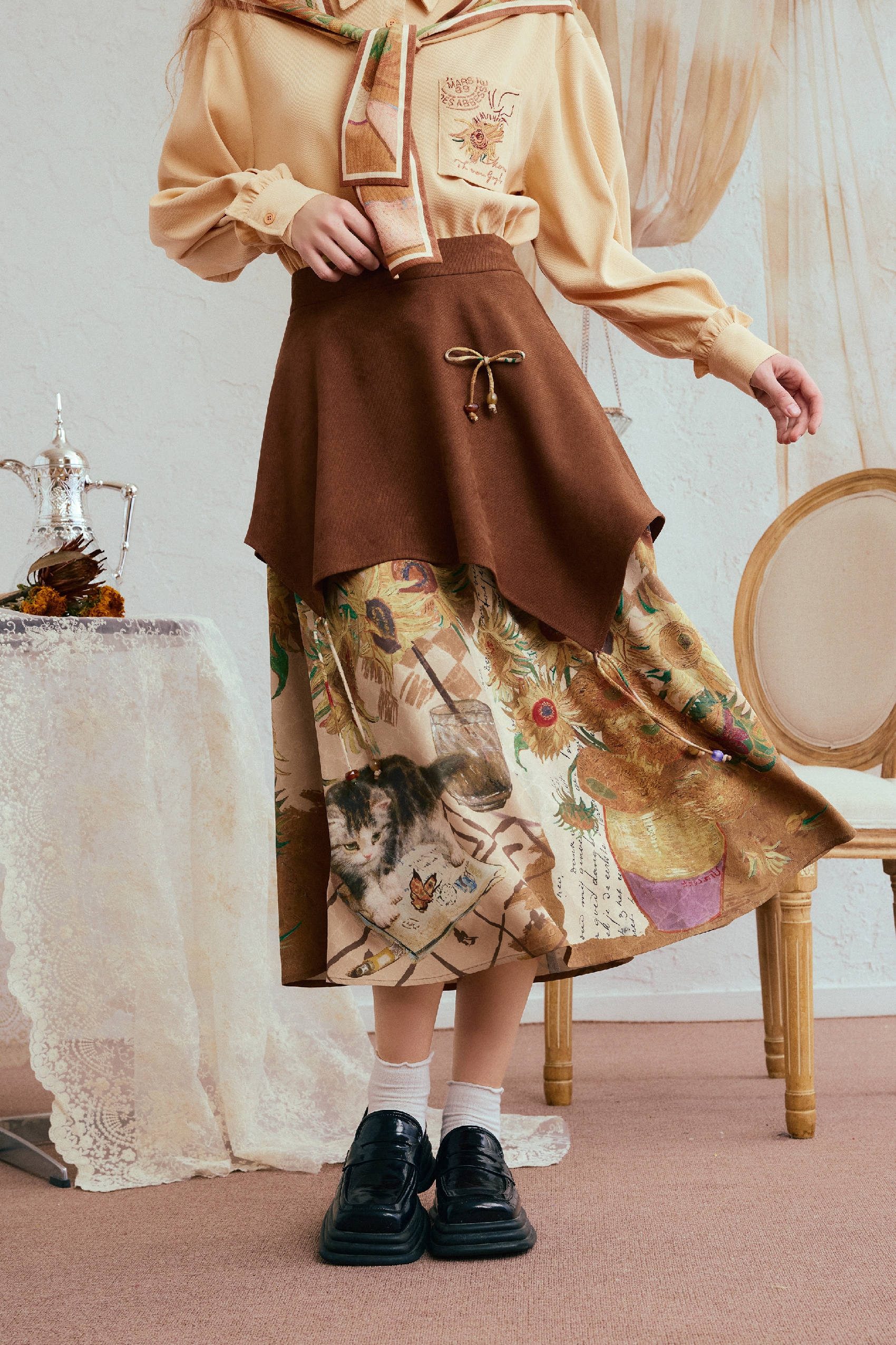 Van Gogh-Inspired Brown A-Line Skirt