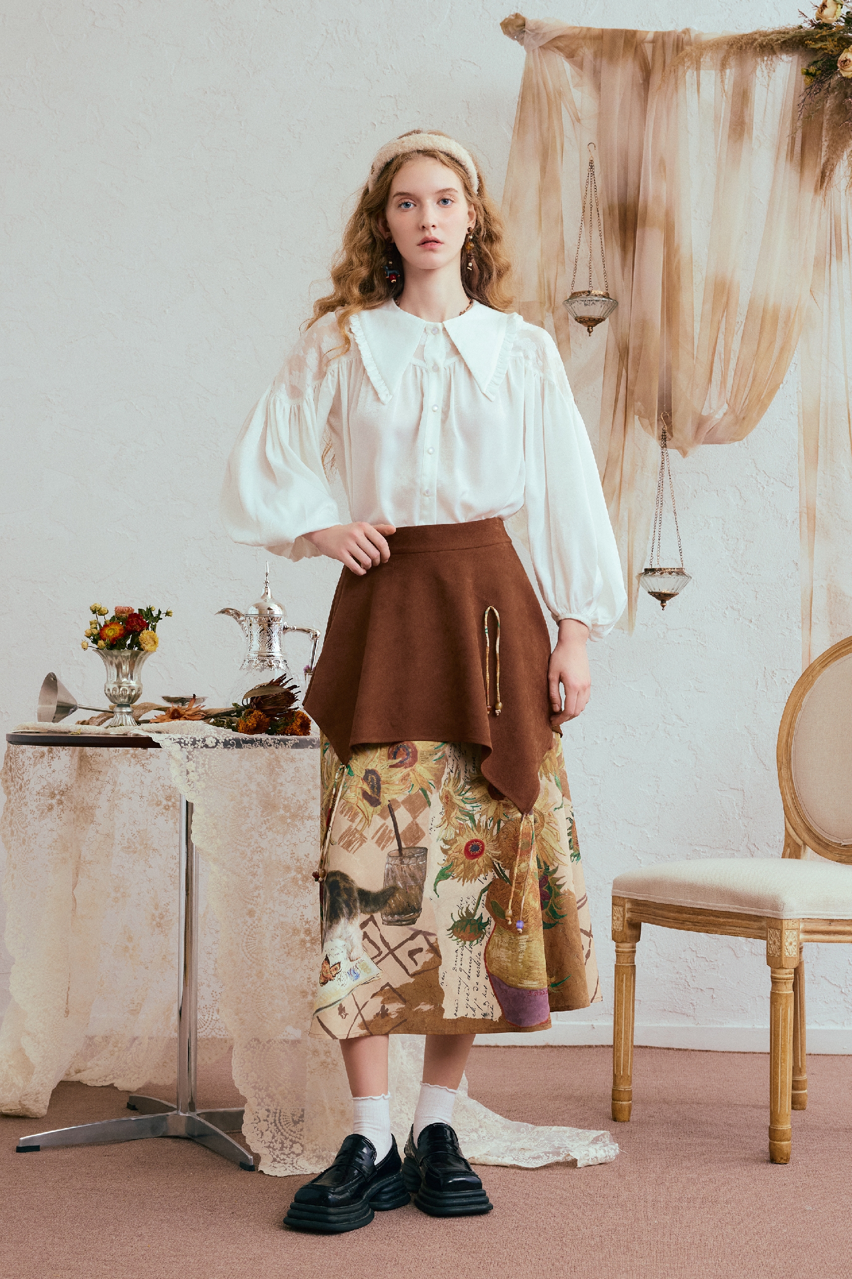Van Gogh-Inspired Brown A-Line Skirt
