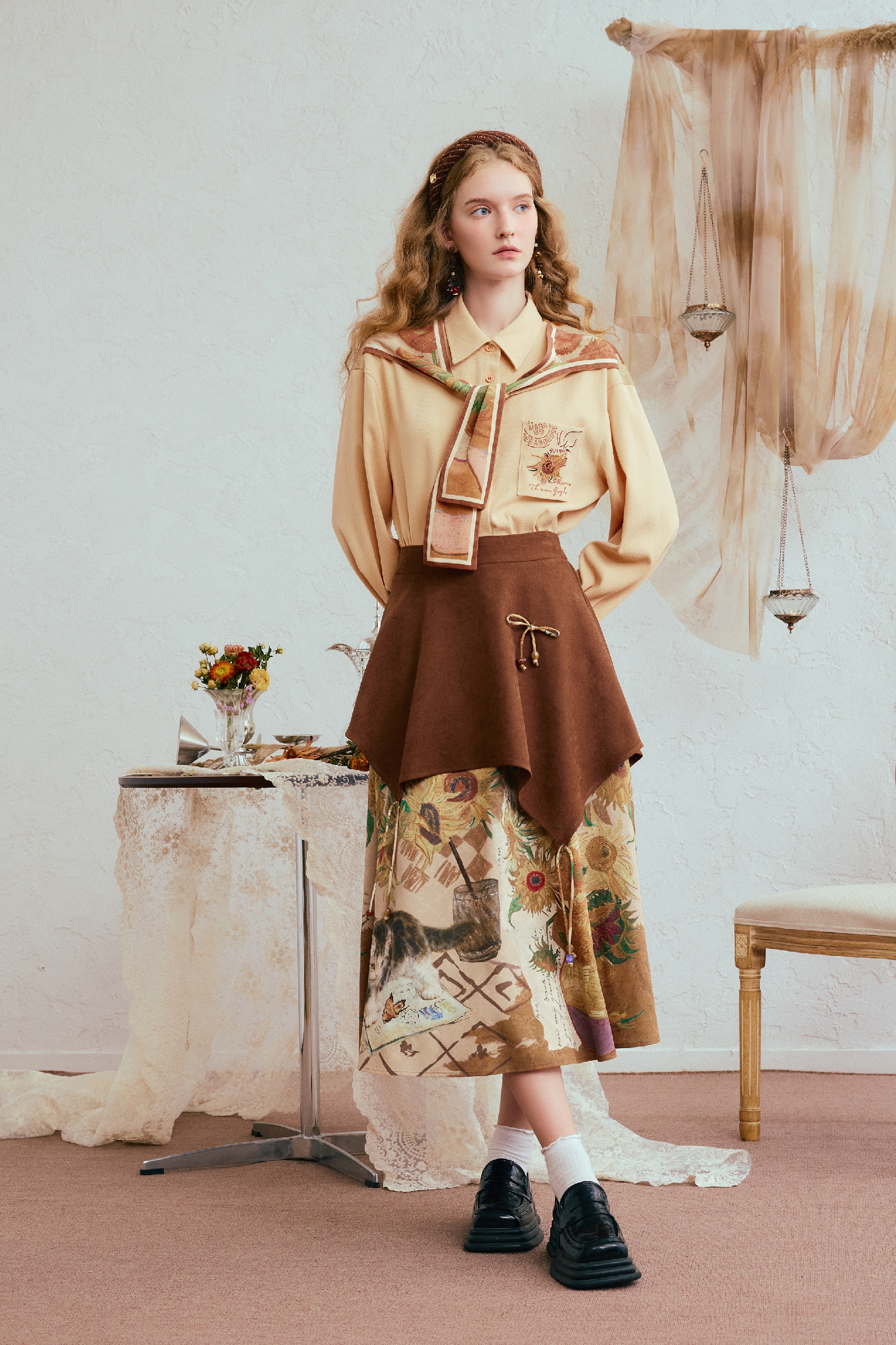 Van Gogh-Inspired Brown A-Line Skirt