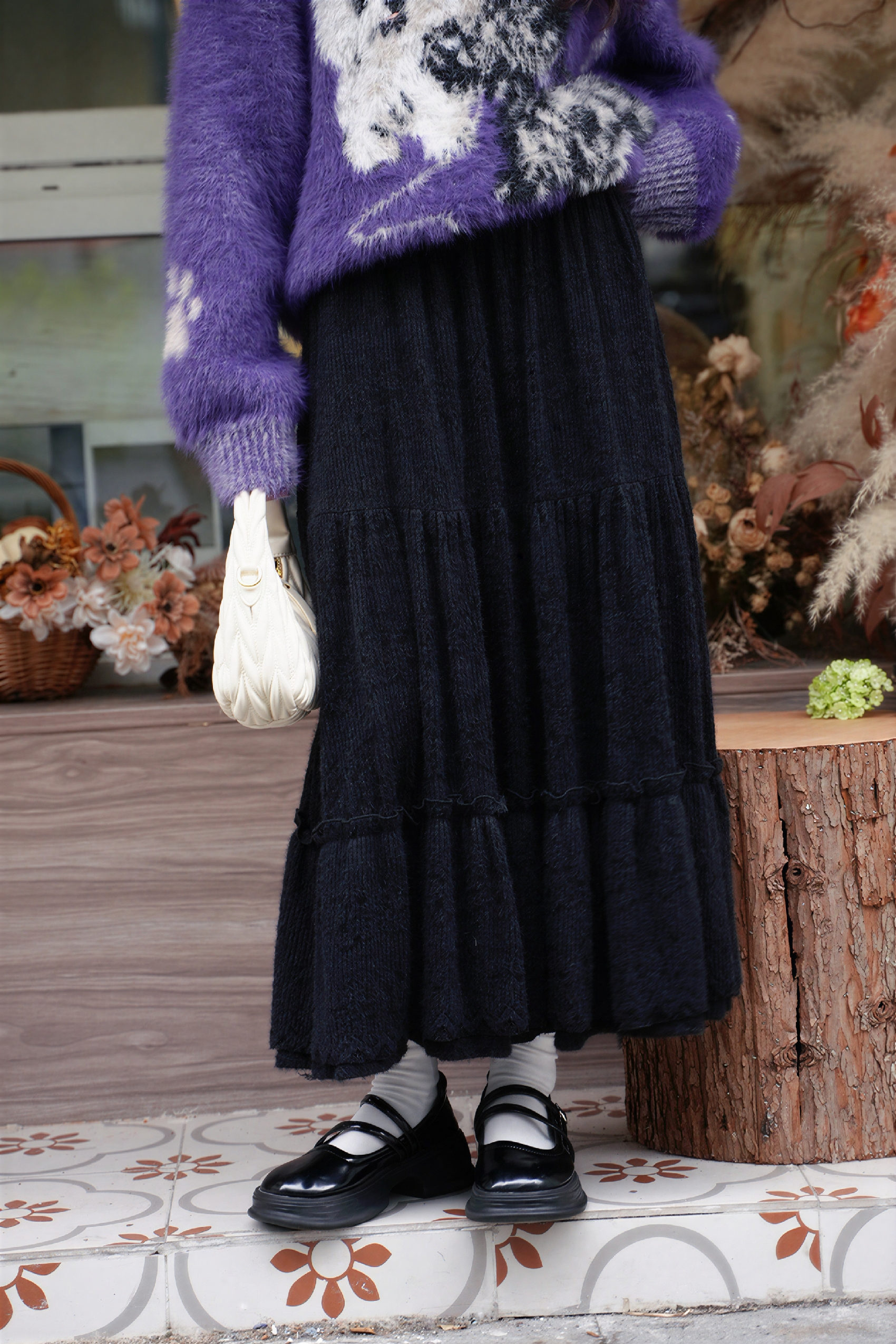 Black Lace Velvet Tiered Maxi Skirt