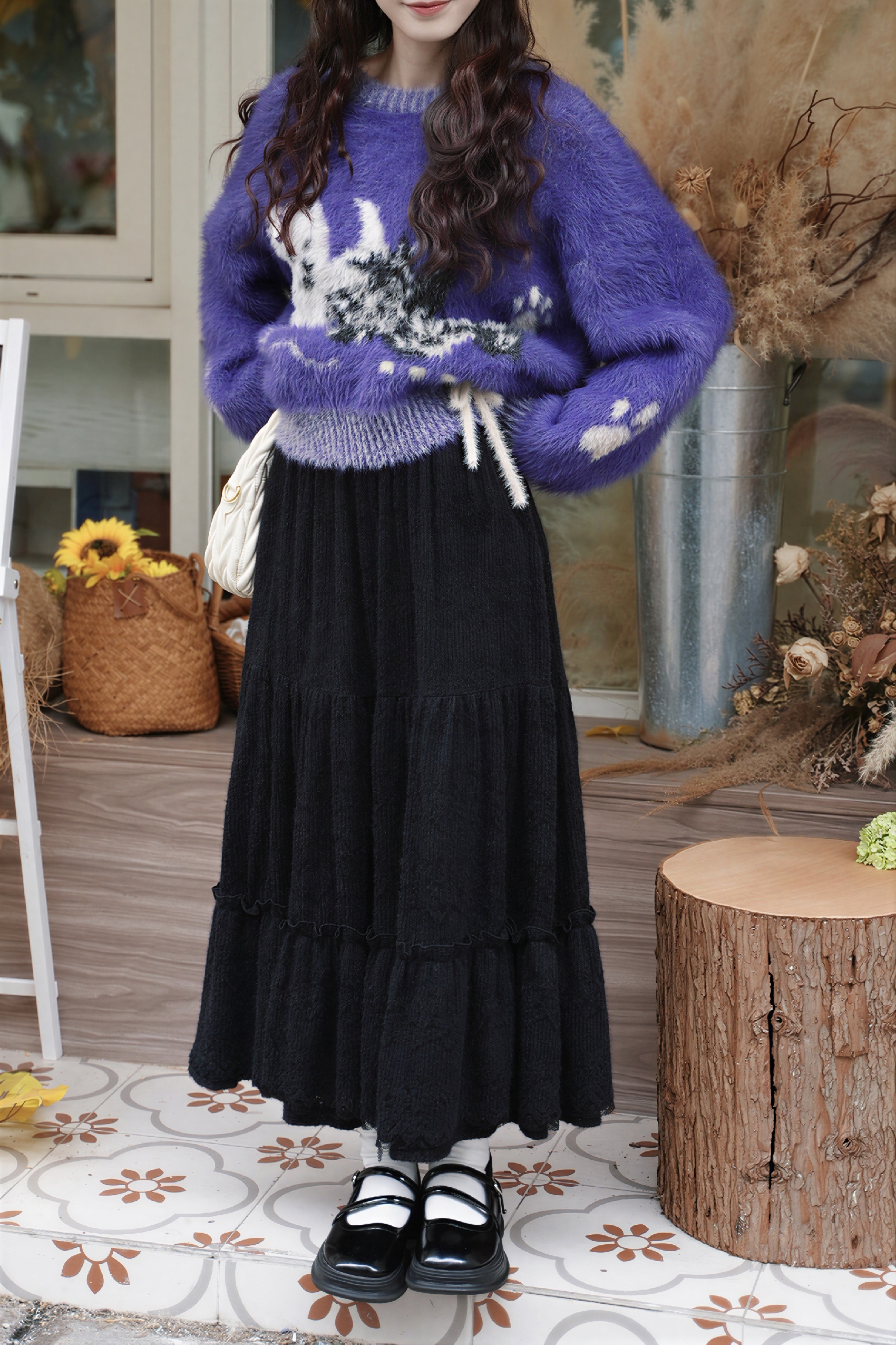 Black Lace Velvet Tiered Maxi Skirt