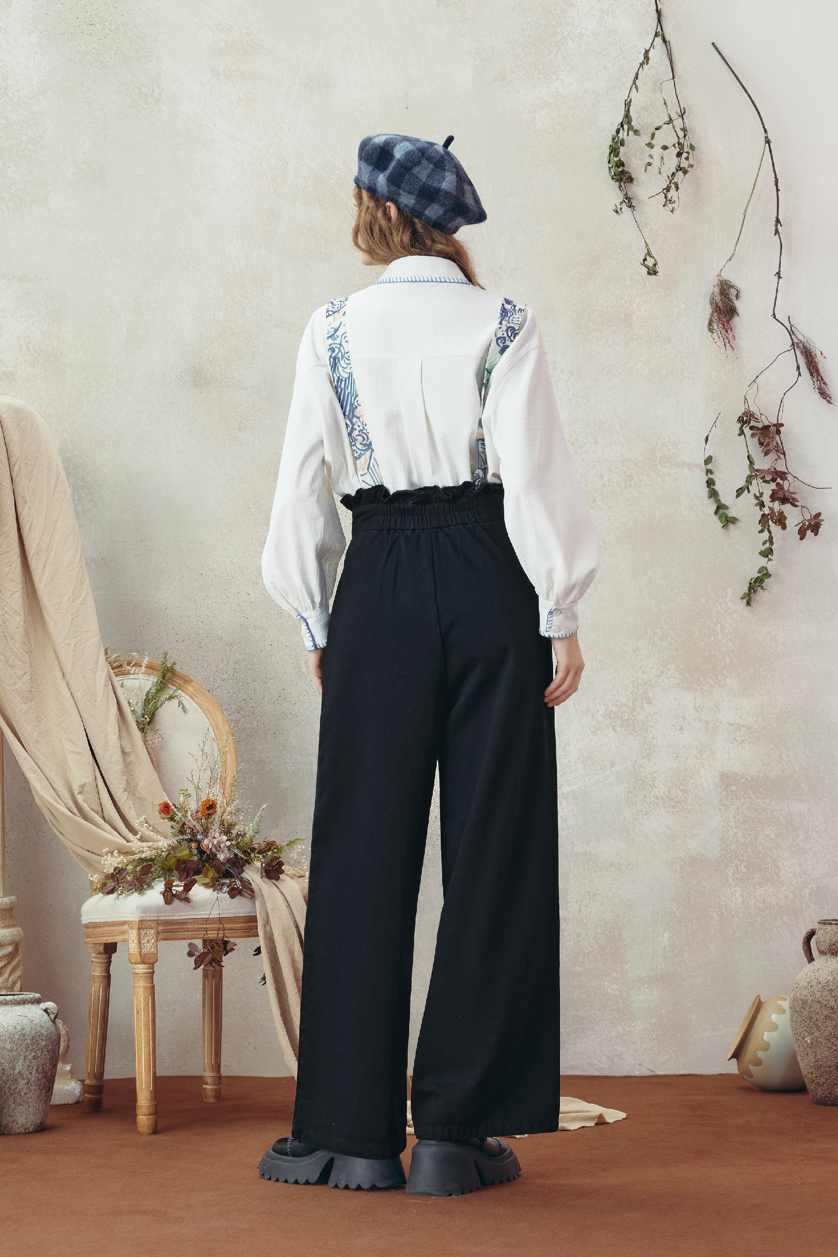 Van Gogh-Inspired Printed Tie-Strap Wide-Leg Denim Pants-LYONSENS