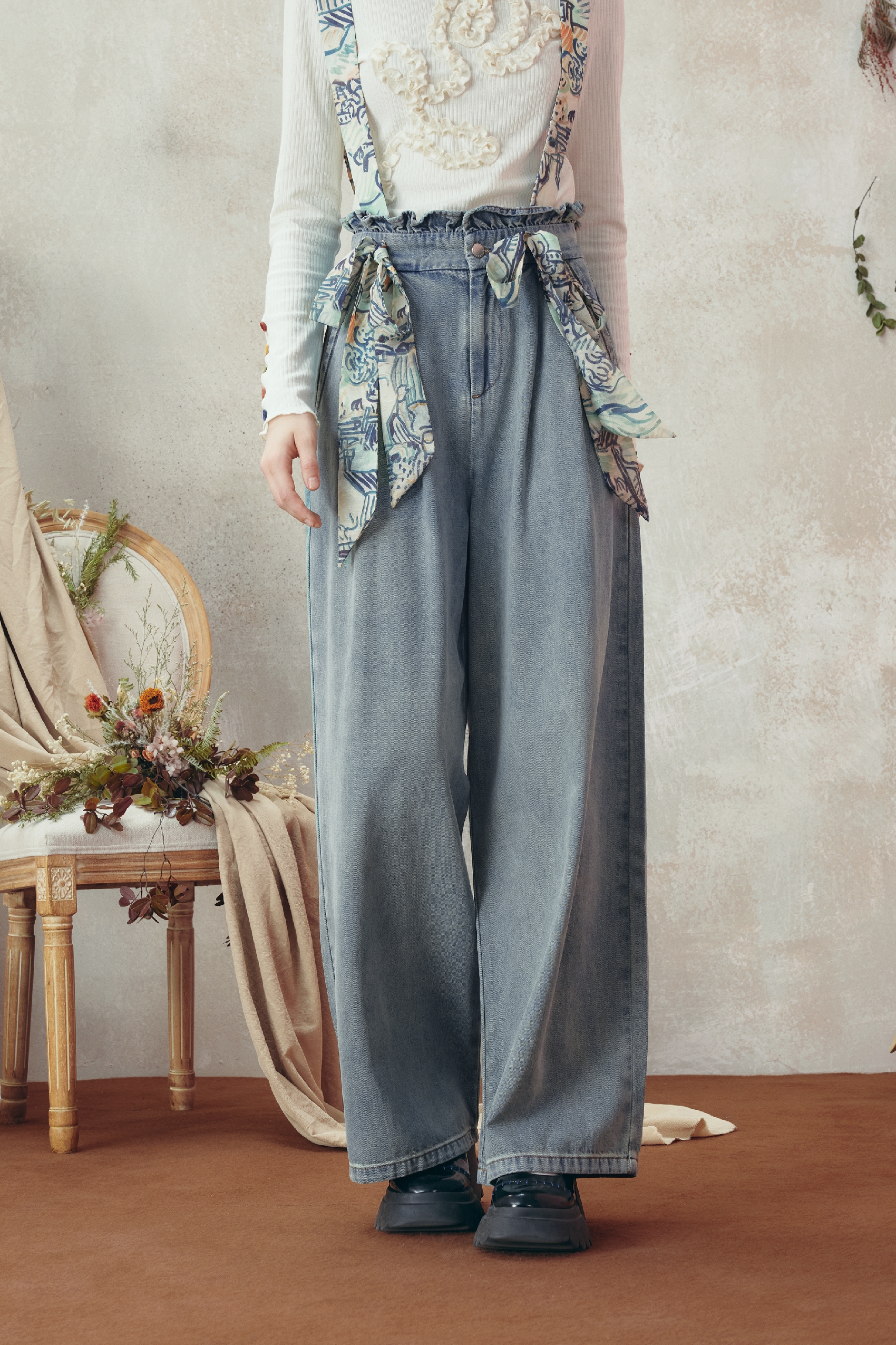 Van Gogh-Inspired Printed Tie-Strap Wide-Leg Denim Pants-LYONSENS