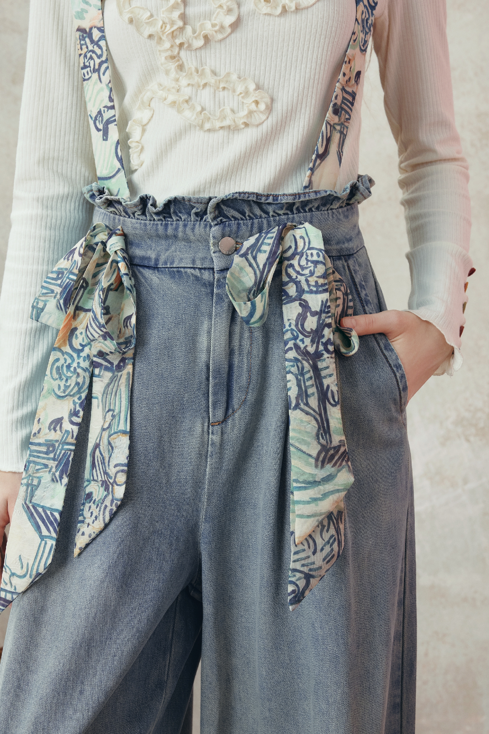 Van Gogh-Inspired Printed Tie-Strap Wide-Leg Denim Pants-LYONSENS