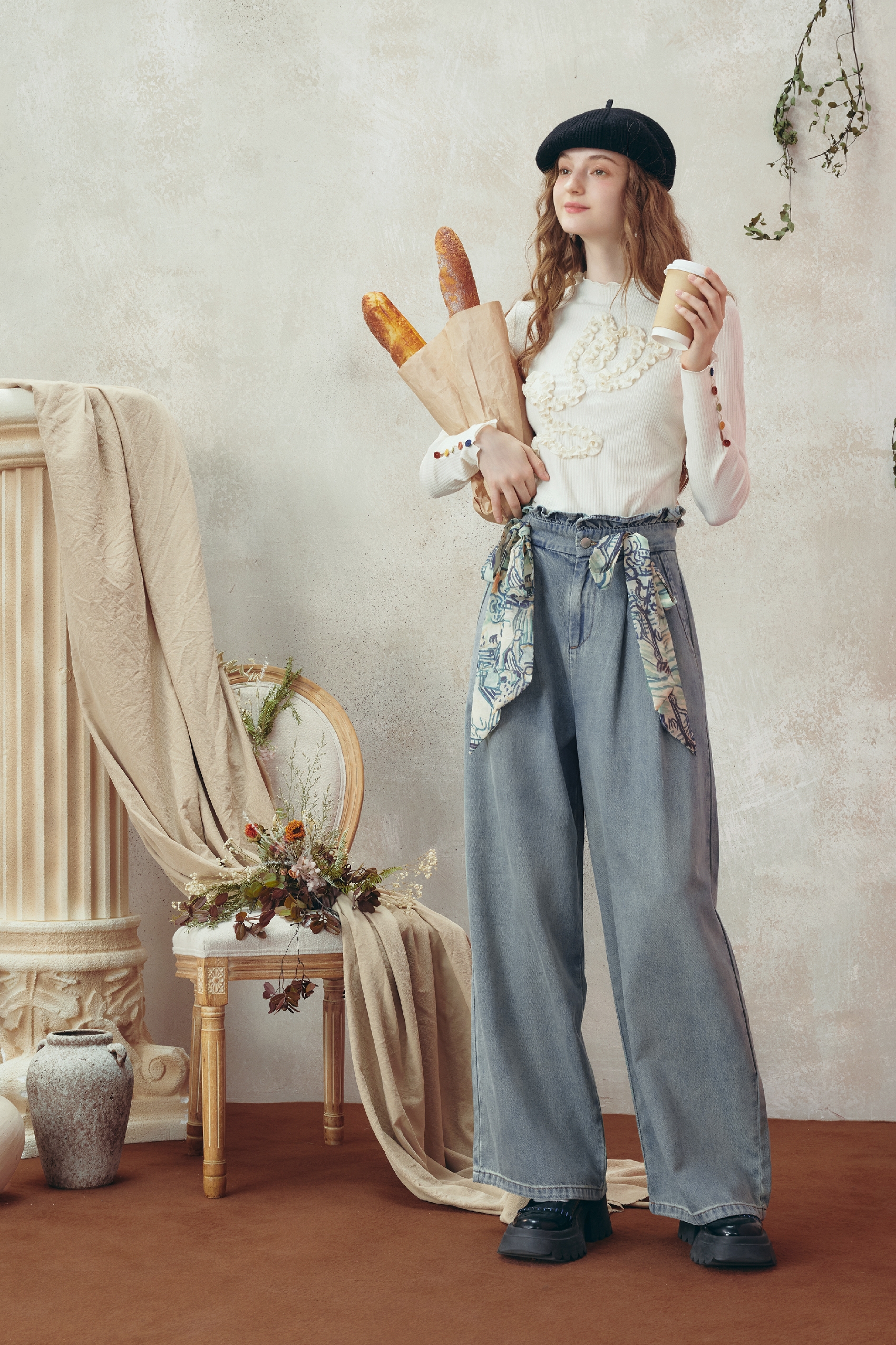 Van Gogh-Inspired Printed Tie-Strap Wide-Leg Denim Pants-LYONSENS
