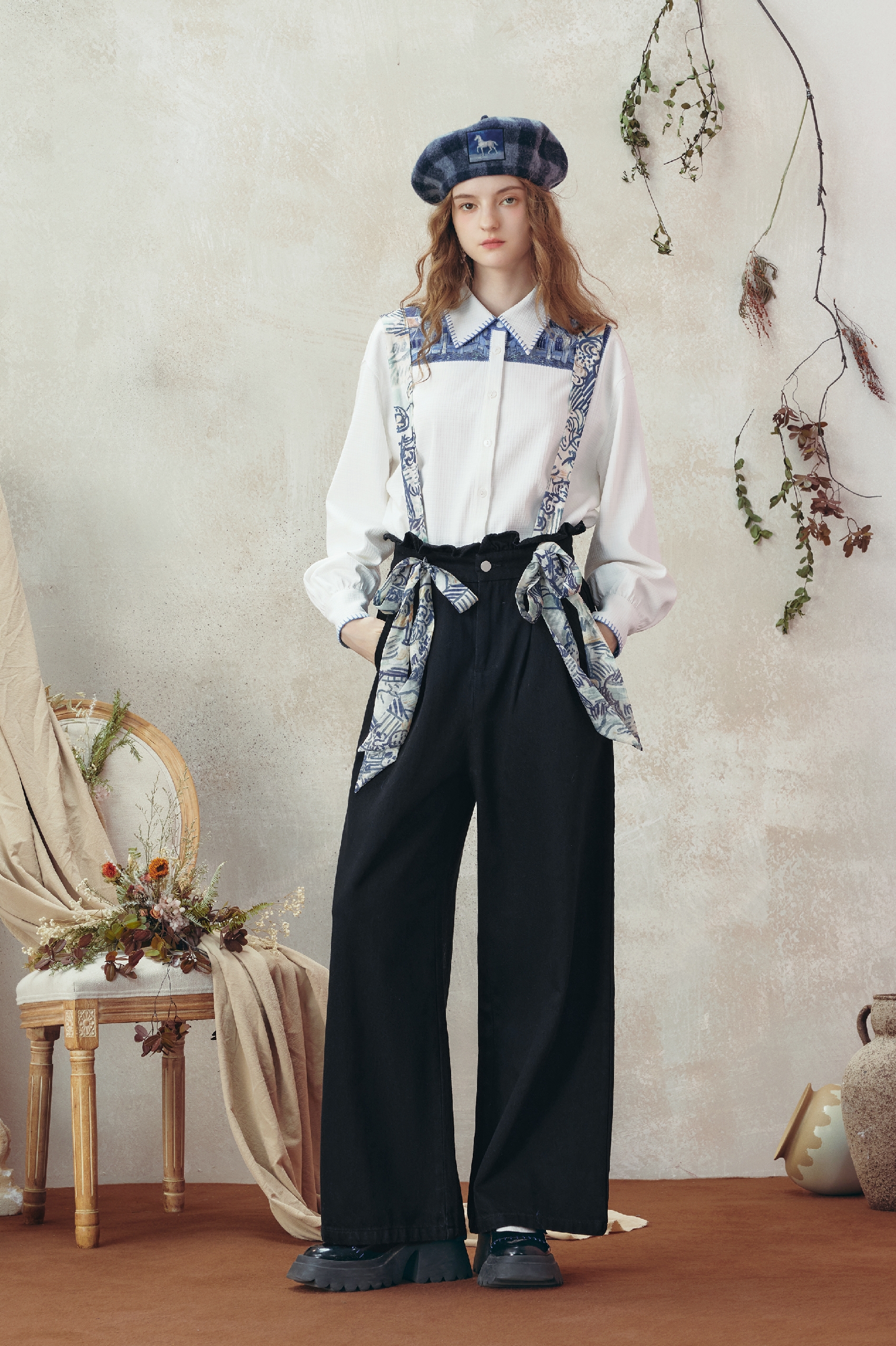 Van Gogh-Inspired Printed Tie-Strap Wide-Leg Denim Pants-LYONSENS