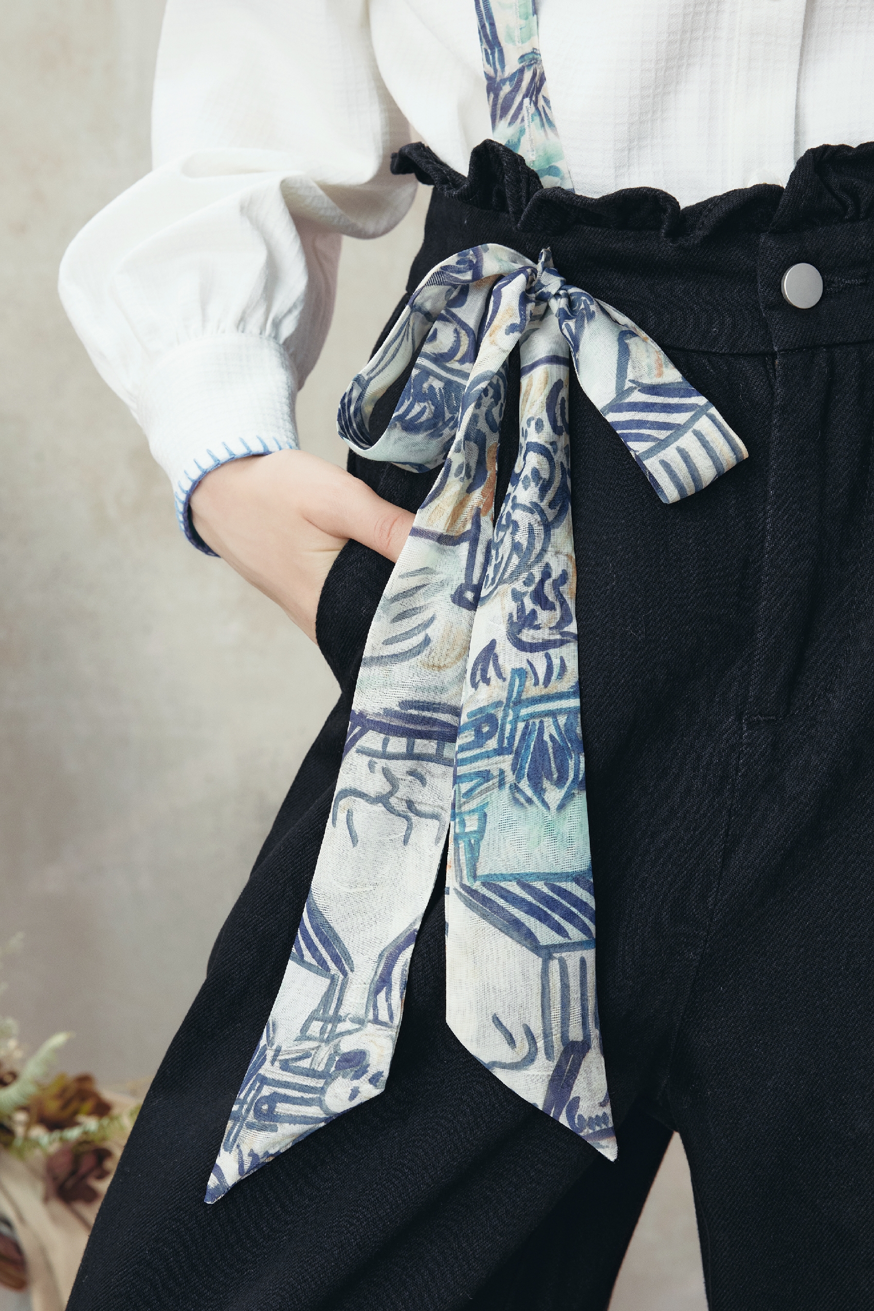 Van Gogh-Inspired Printed Tie-Strap Wide-Leg Denim Pants-LYONSENS