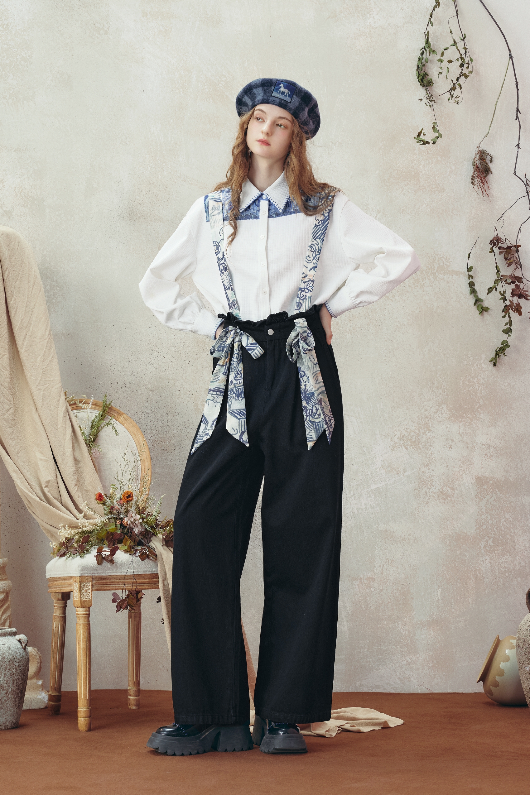 Van Gogh-Inspired Printed Tie-Strap Wide-Leg Denim Pants-LYONSENS