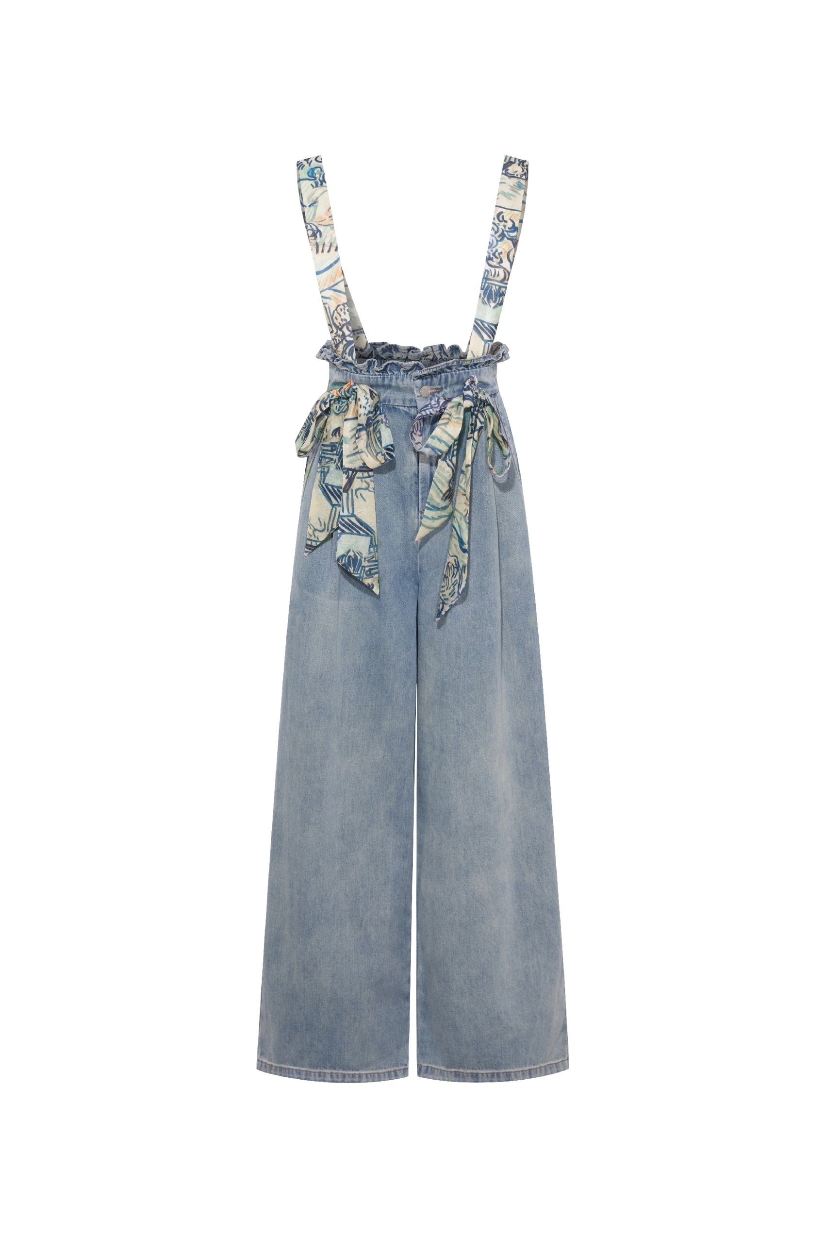 Van Gogh-Inspired Printed Tie-Strap Wide-Leg Denim Pants-LYONSENS