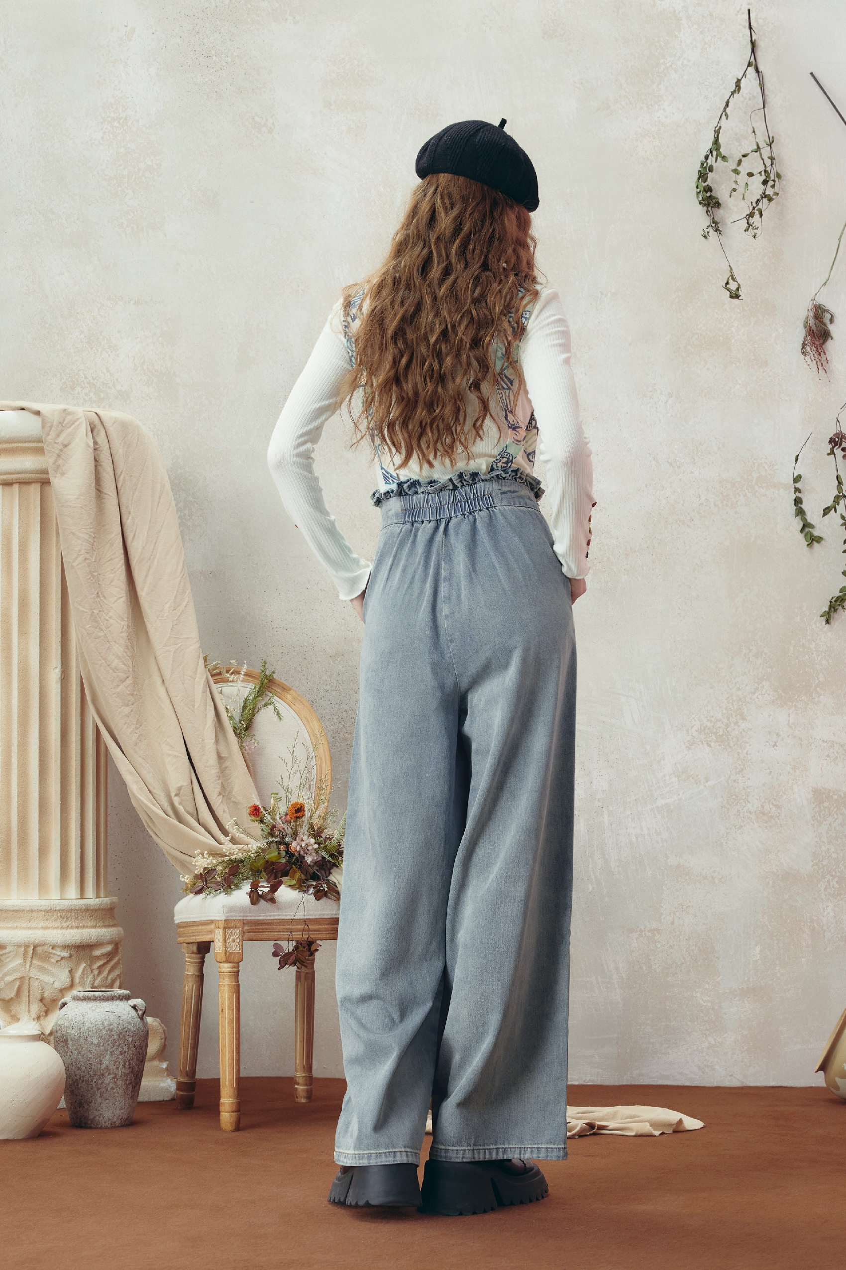 Van Gogh-Inspired Printed Tie-Strap Wide-Leg Denim Pants-LYONSENS