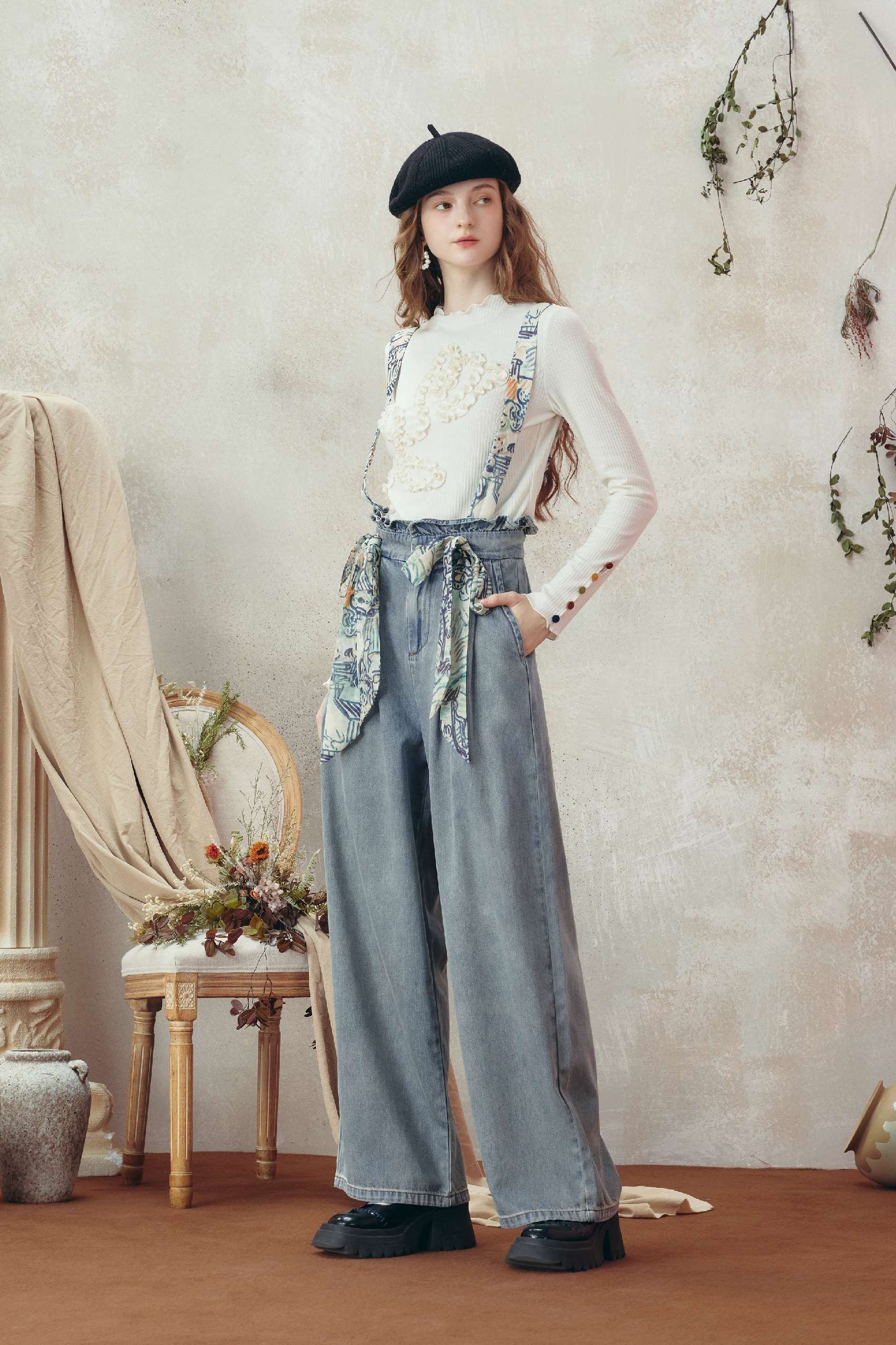 Van Gogh-Inspired Printed Tie-Strap Wide-Leg Denim Pants-LYONSENS
