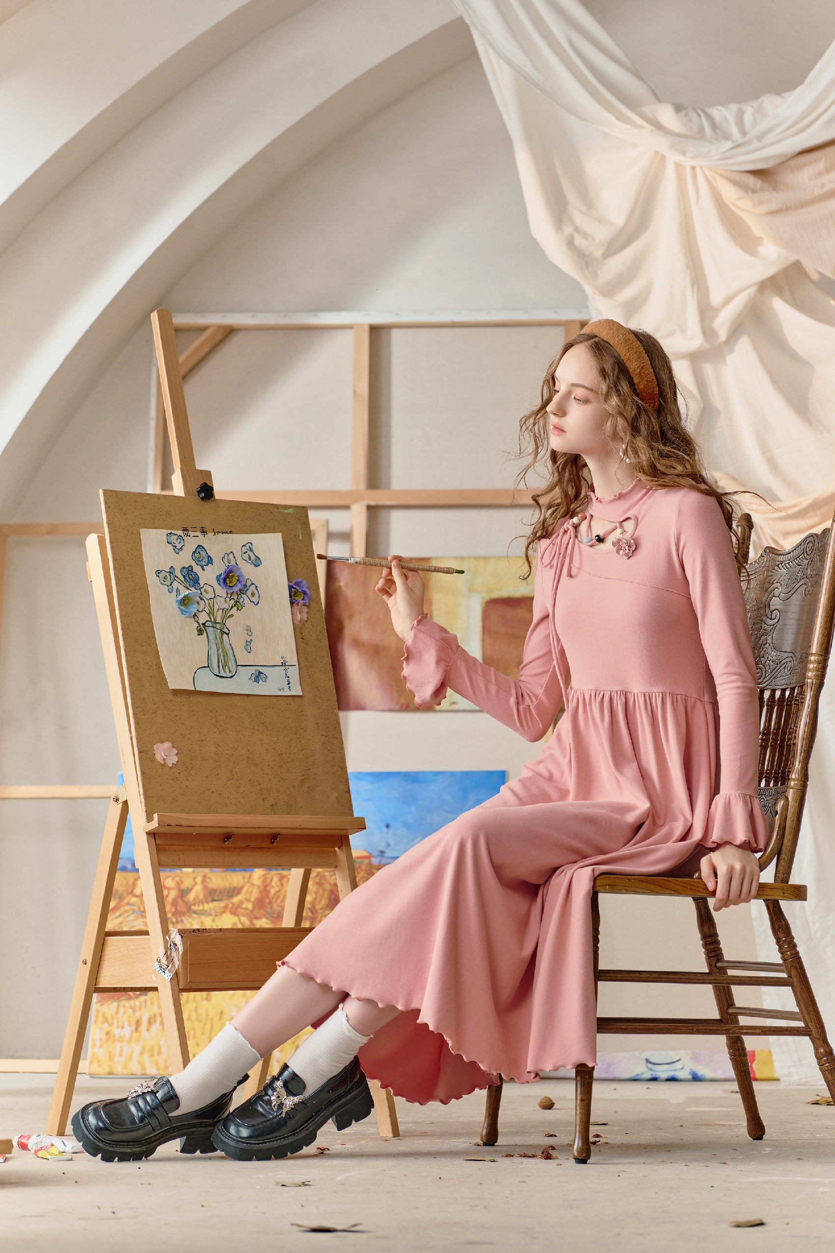 Van Gogh-Inspired French Knit Maxi Dress-LYONSENS
