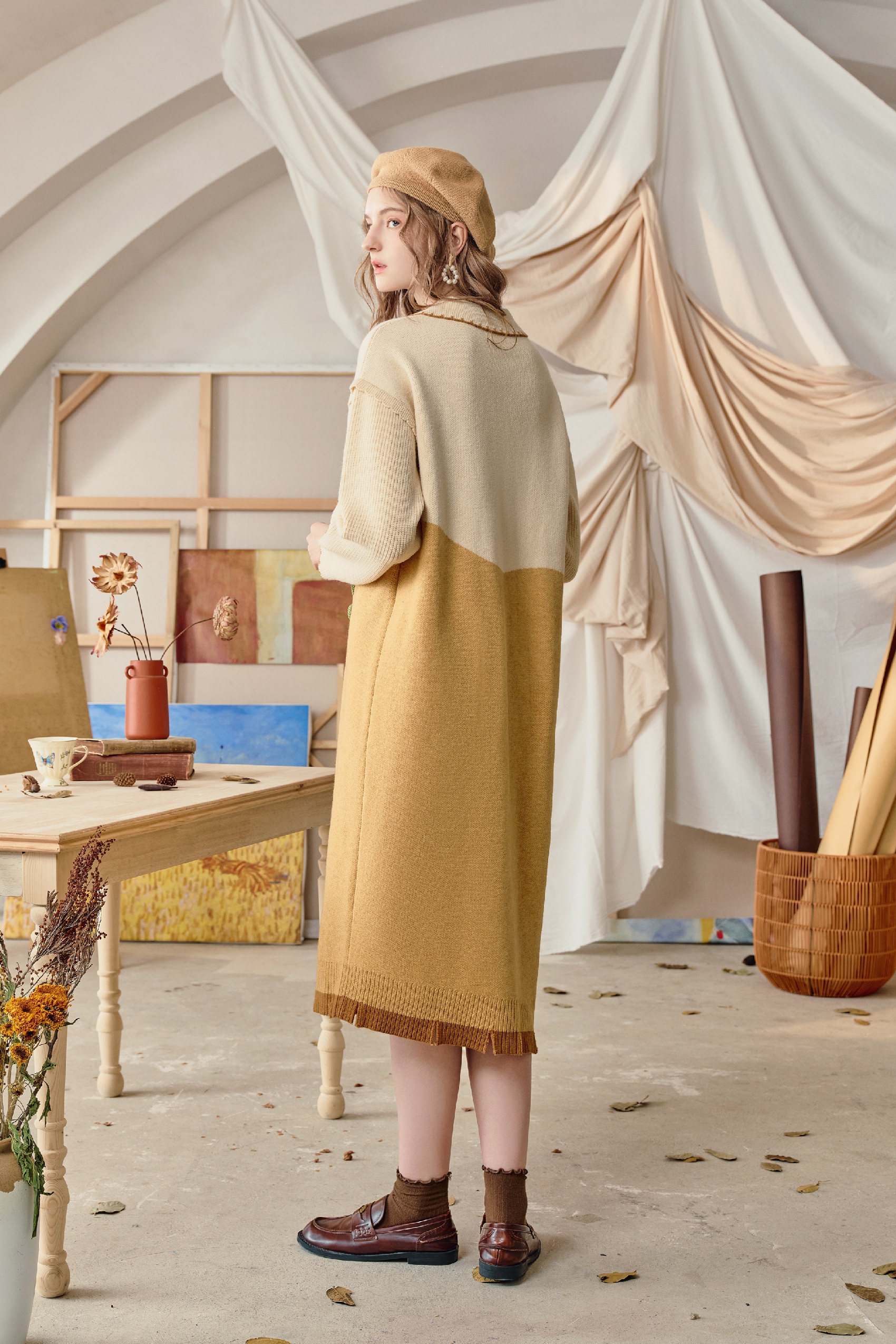 Van Gogh-Inspired Textured Floral Knit Dress | LYONSENS Women's Fashion