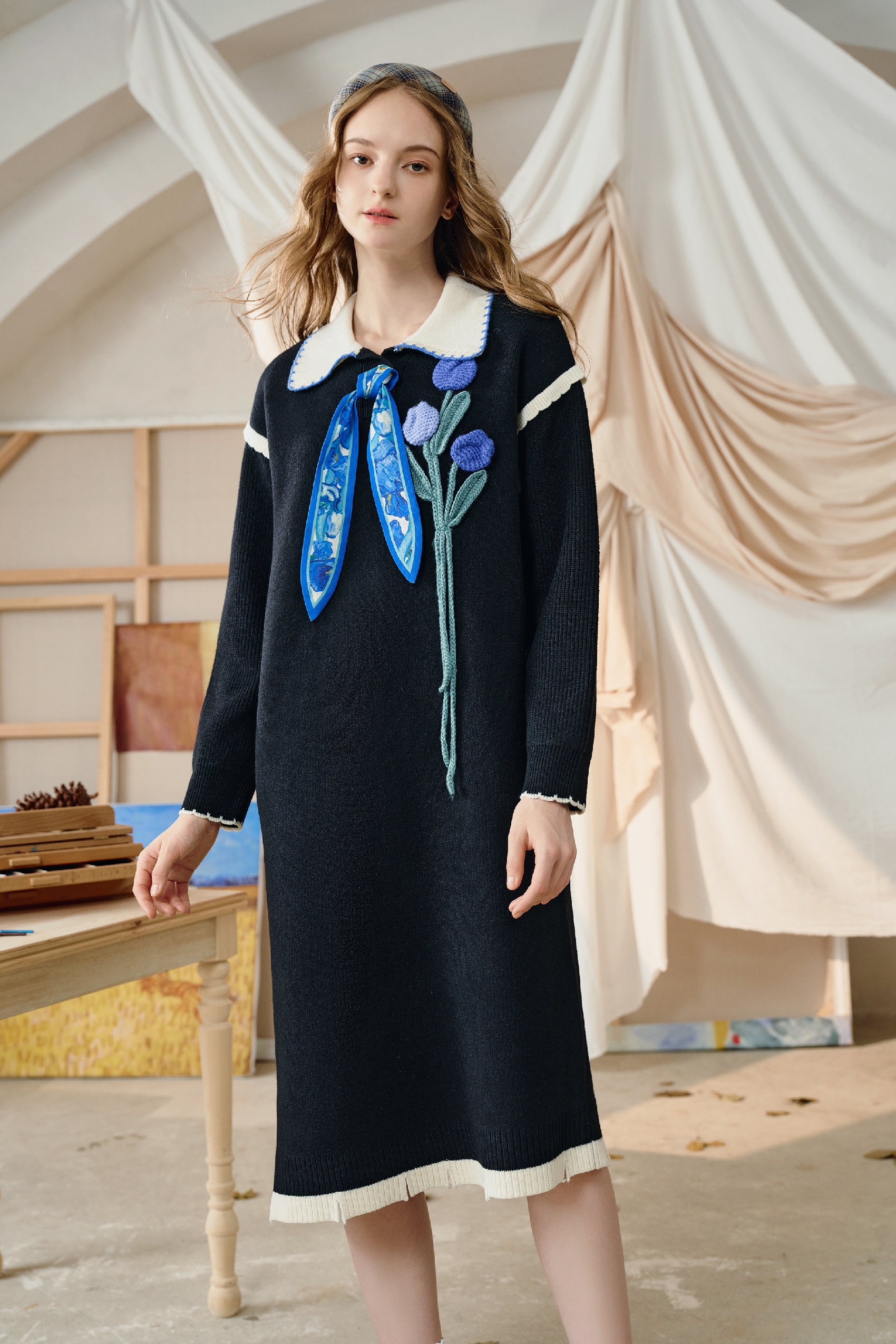 Van Gogh-Inspired Textured Floral Knit Dress | LYONSENS Women's Fashion